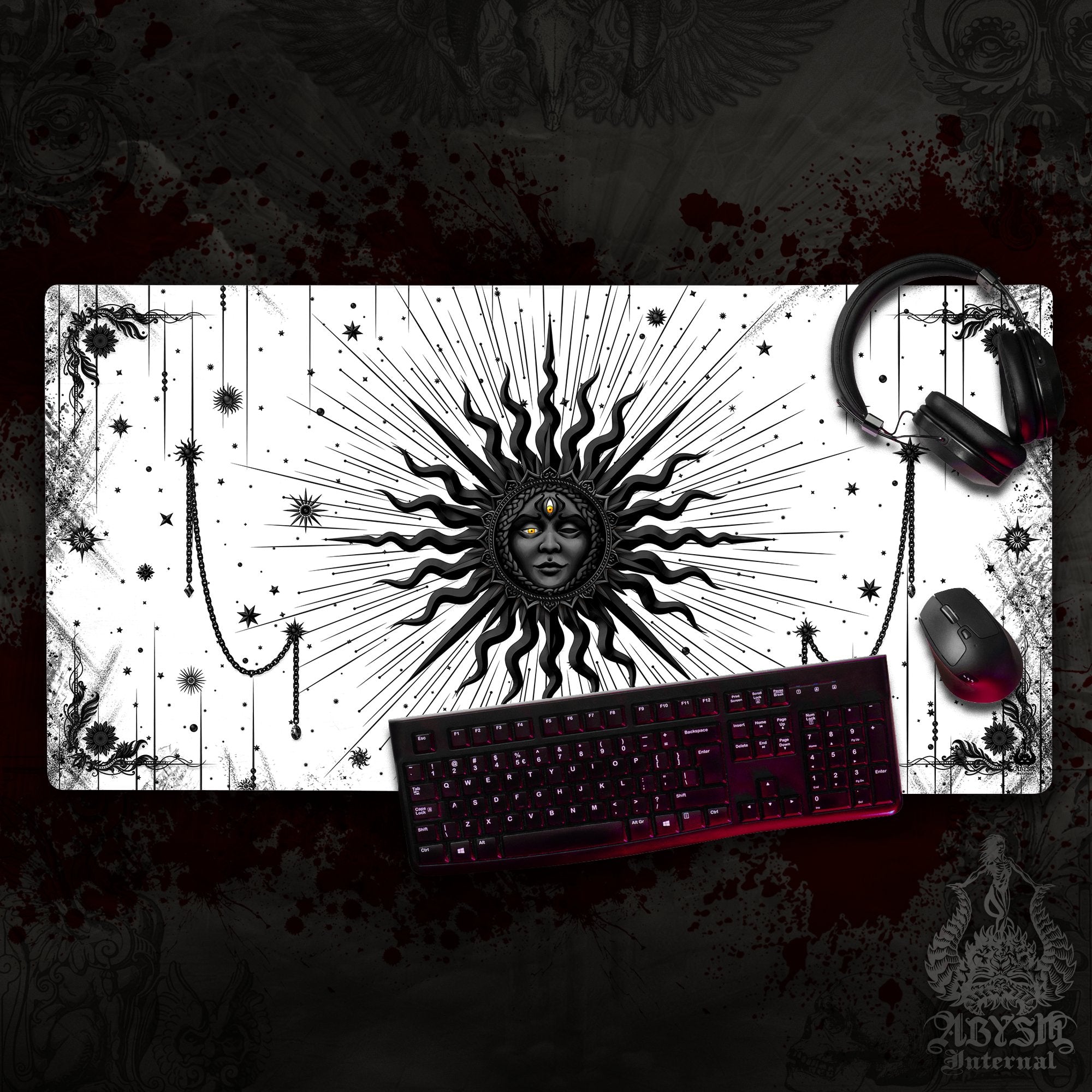 White Goth Gaming Desk Mat, Black Sun Mouse Pad, Tarot Arcana Table Protector Cover, Witchy Workpad, Esoteric Art Print - Abysm Internal