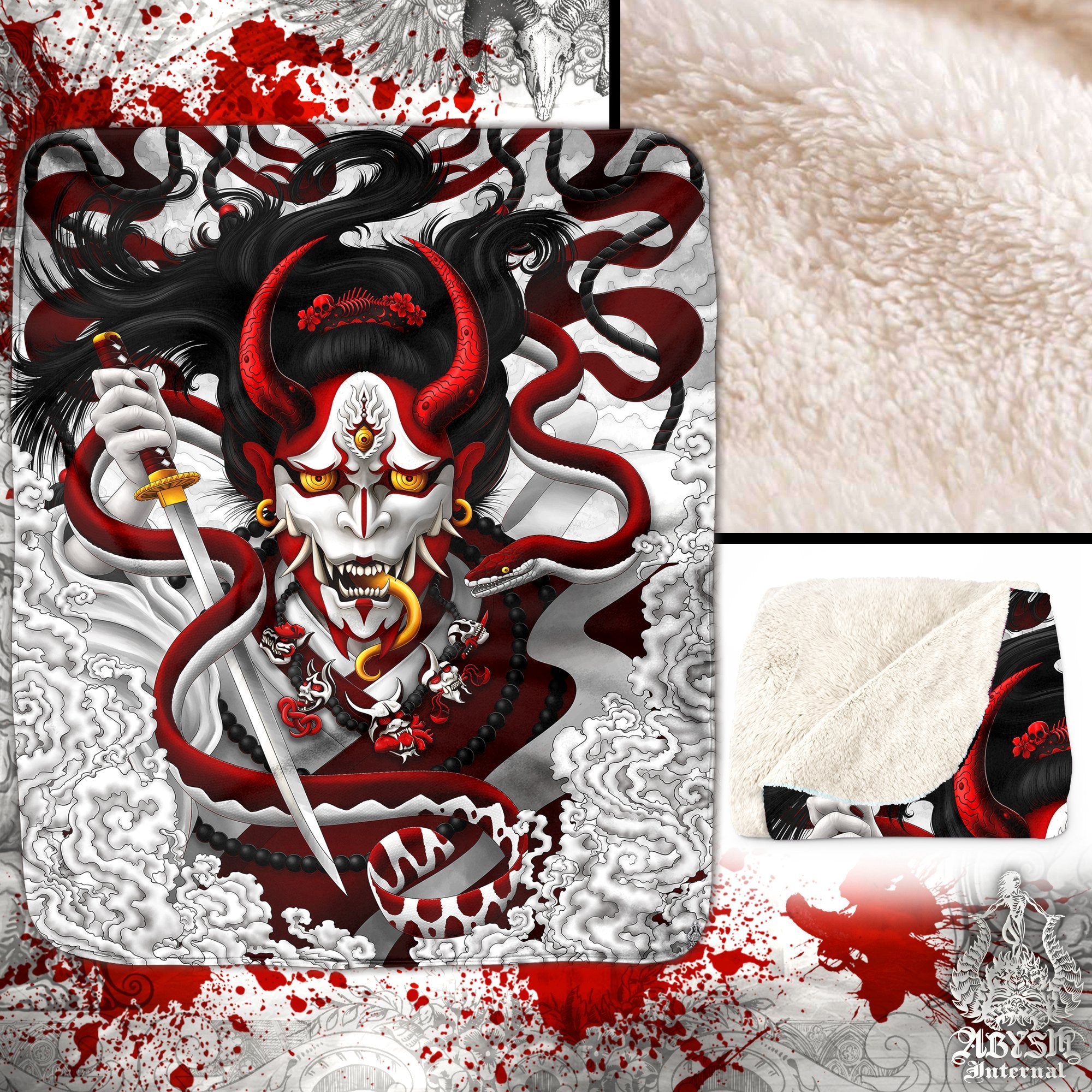 White Goth Hannya Sherpa Fleece Throw Blanket, Japanese Demon, Gothic Anime and Gamer Room Decor - Snake, Red - Abysm Internal