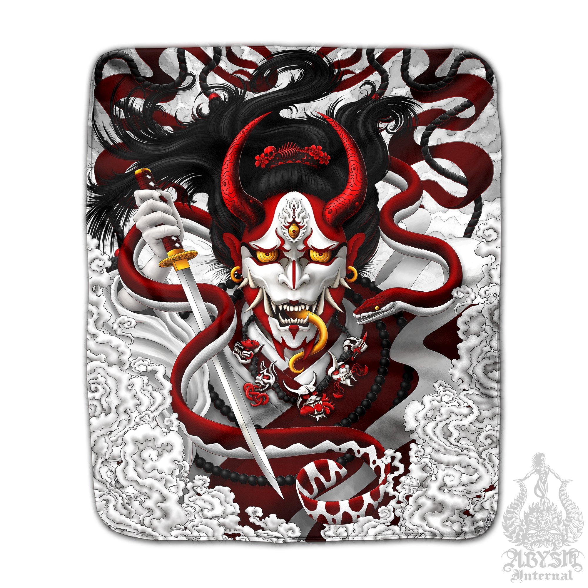 White Goth Hannya Sherpa Fleece Throw Blanket, Japanese Demon, Gothic Anime and Gamer Room Decor - Snake, Red - Abysm Internal