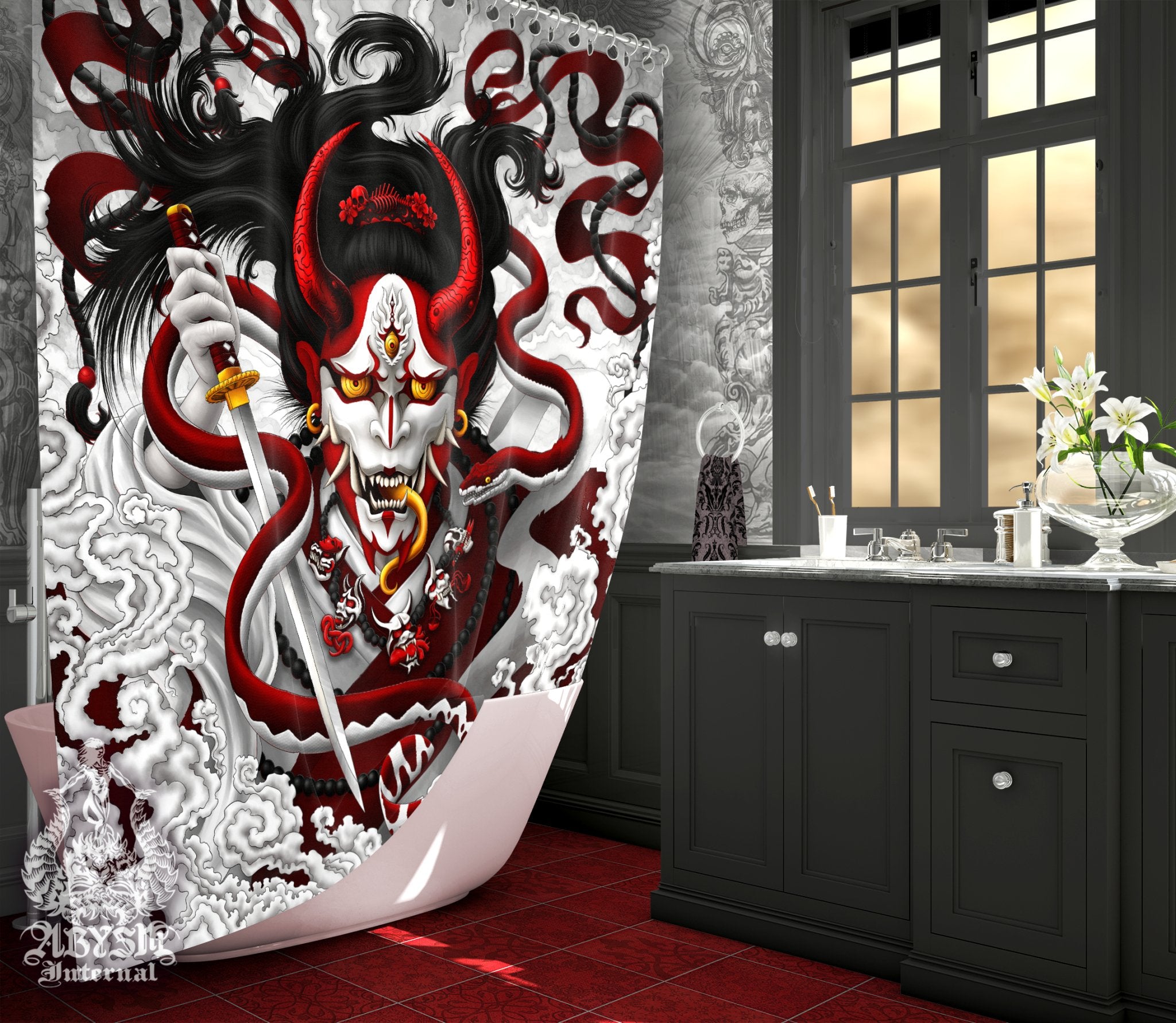 White Goth Hannya Shower Curtain, 71x74 inches, Japanese Demon, Youkai Anime and Gamer Bathroom Decor - Snake, Red - Abysm Internal