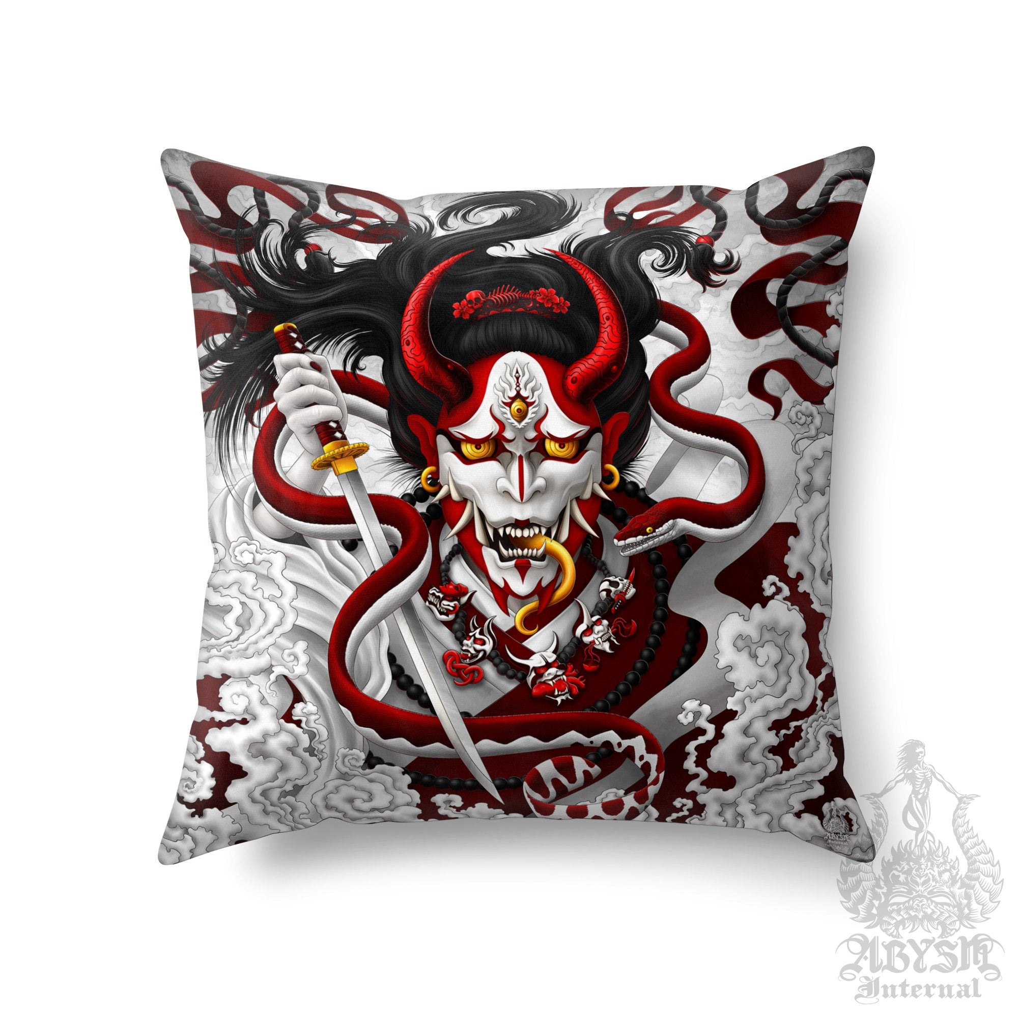 White Goth Hannya Throw Pillow, Decorative Accent Pillow, Square Cushion Cover, Japanese Demon & Red Snake, Anime Room Decor - Abysm Internal