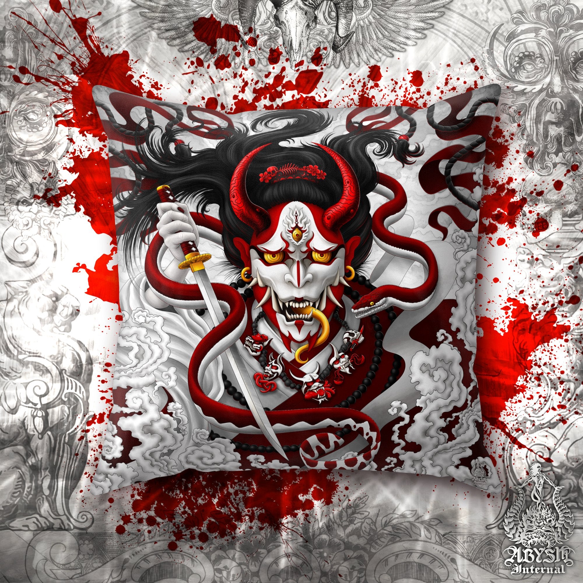 White Goth Hannya Throw Pillow, Decorative Accent Pillow, Square Cushion Cover, Japanese Demon & Red Snake, Anime Room Decor - Abysm Internal