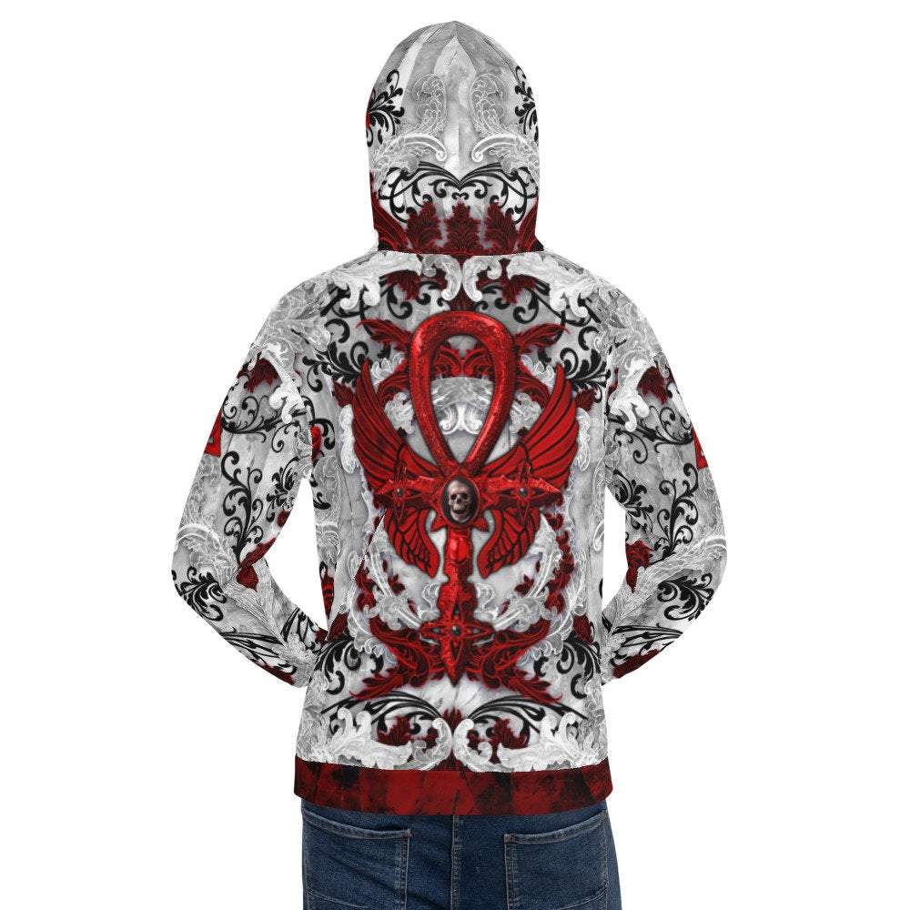 White Goth Hoodie, Gothic Pullover, Unique Streetwear, Bloody Ankh Cross Sweater, Alternative Clothing, Unisex - Black, Red, 3 Colors - Abysm Internal