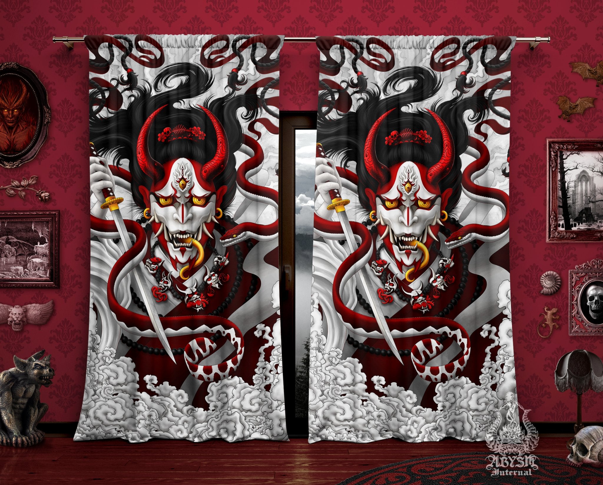 White Goth Japanese Demon Curtains, 50x84' Printed Window Panels, Hannya and Snake, Dark Fantasy Decor, Goth Anime and Game Room Art Print - Red - Abysm Internal