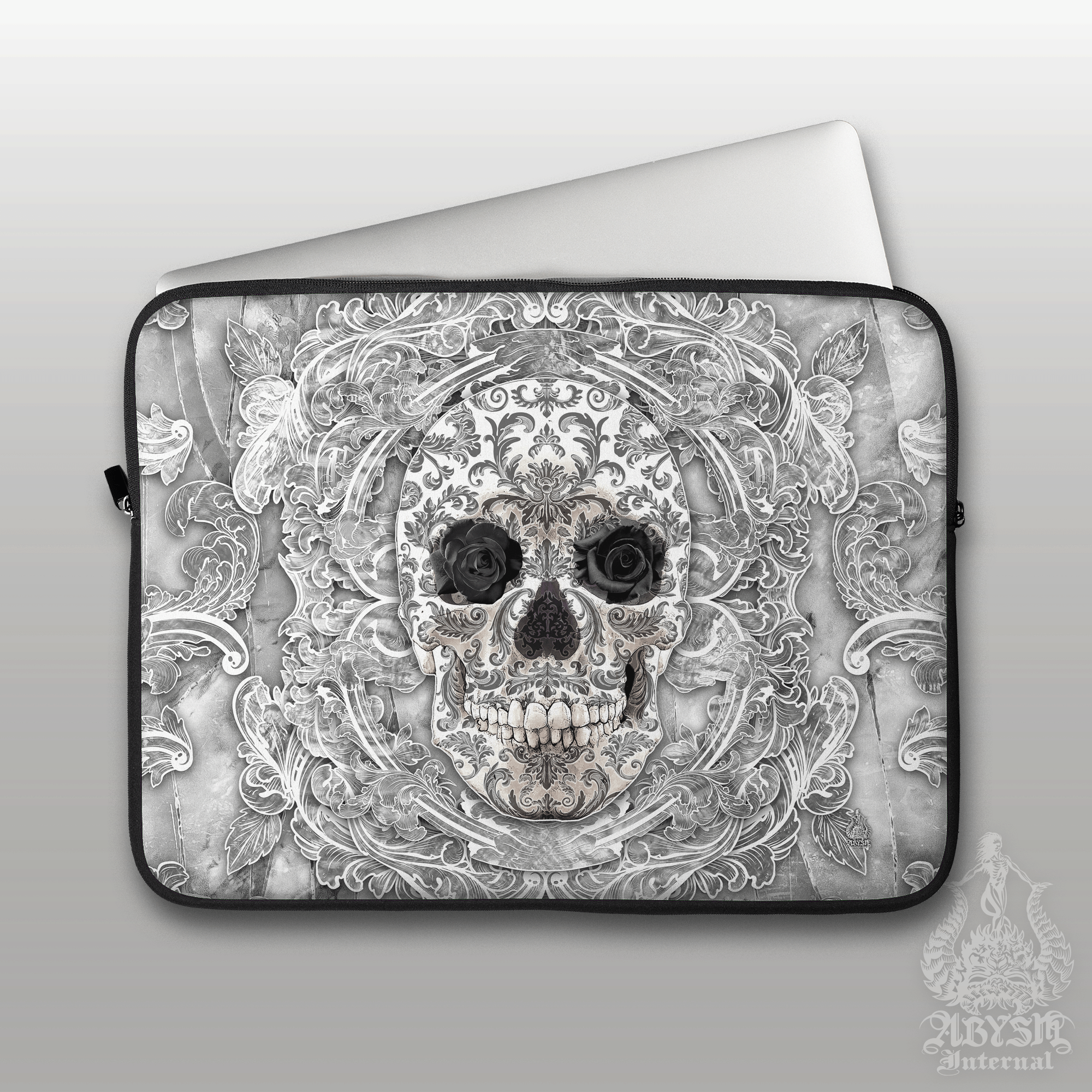 White Goth Laptop Case – Stone Skull, 13" & 15", Dark Fantasy Art, Printed Padded Soft Sleeve - Abysm Internal