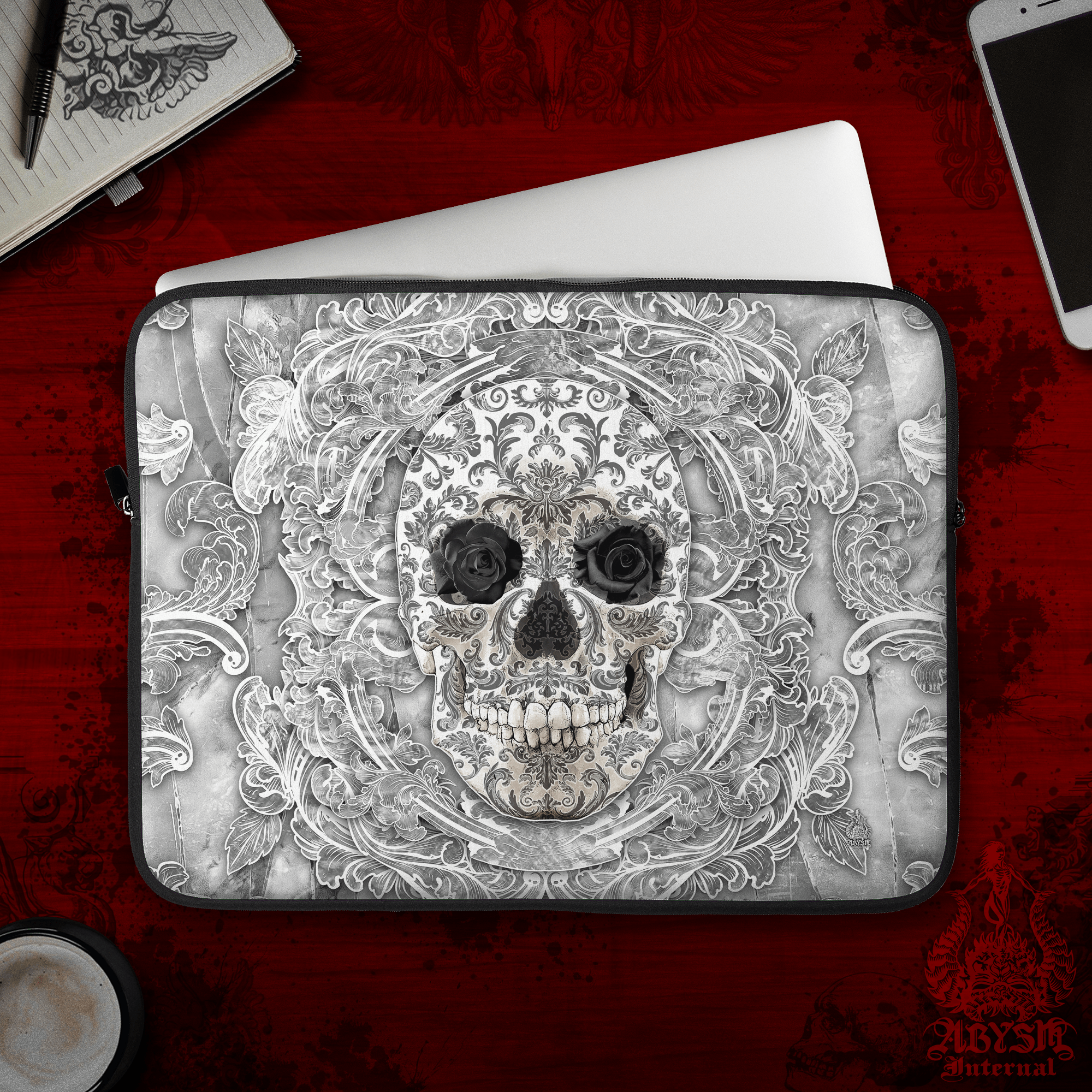 White Goth Laptop Case – Stone Skull, 13" & 15", Dark Fantasy Art, Printed Padded Soft Sleeve - Abysm Internal