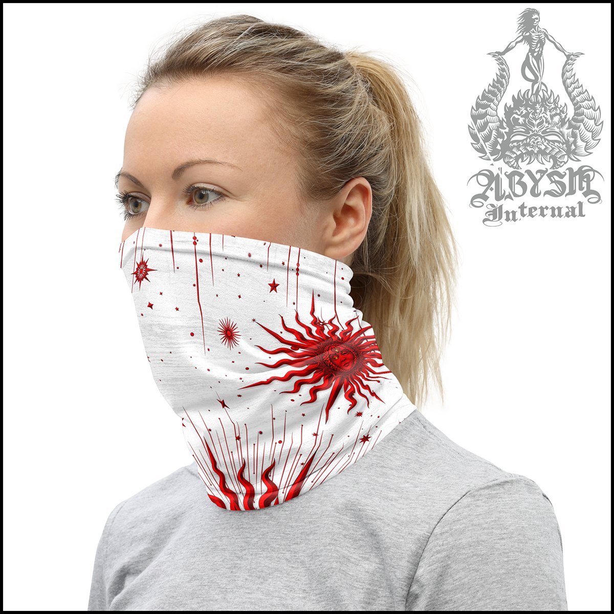 White Goth Neck Gaiter, Indie Tarot Arcana Sun Face Mask, Printed Head Covering, Witchy Outfit - Red - Abysm Internal