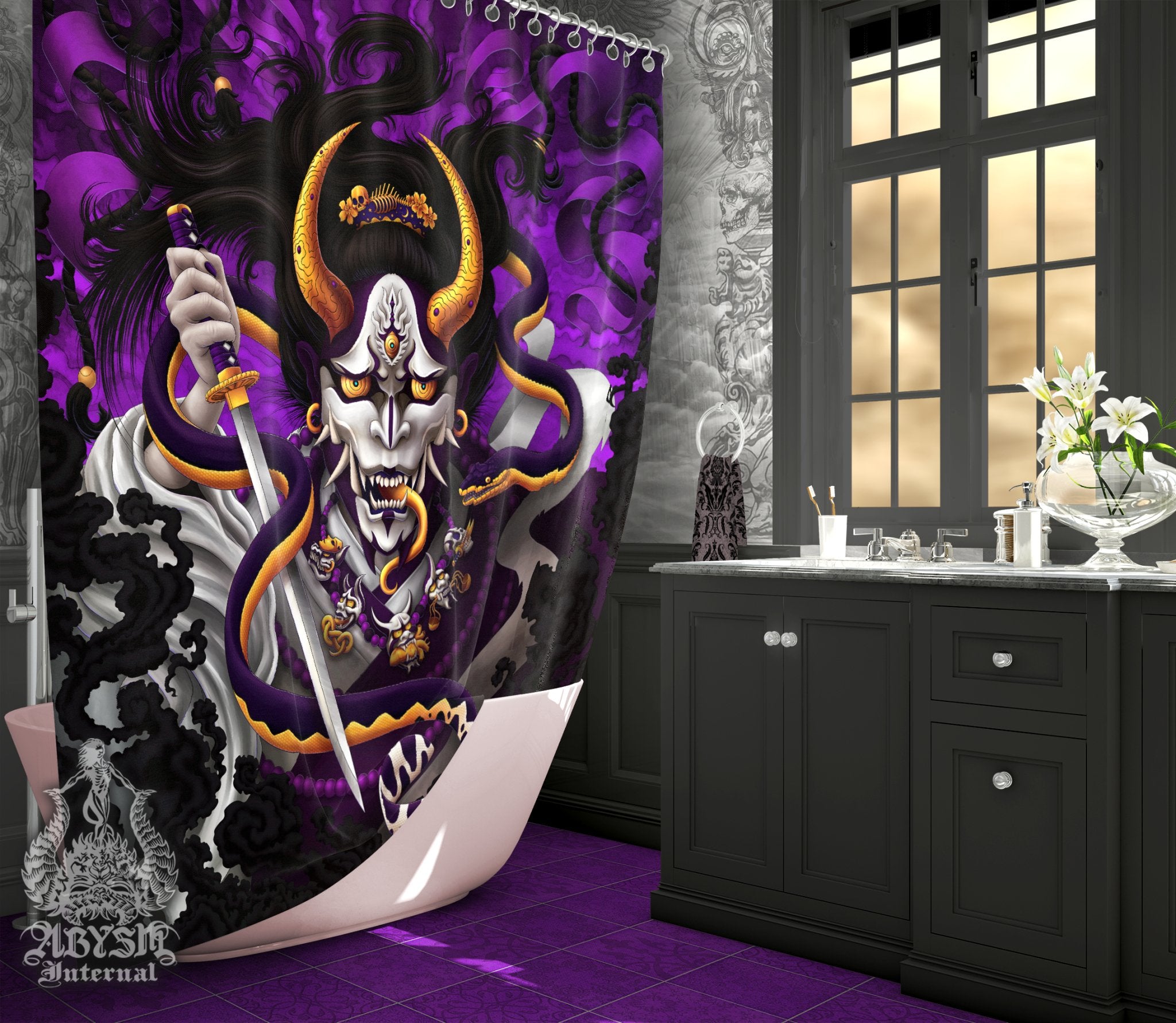 White Goth Purple Demon Shower Curtain, 71x74 inches, Japanese Hannya, Youkai Anime and Gamer Bathroom Decor - Snake, Purple - Abysm Internal