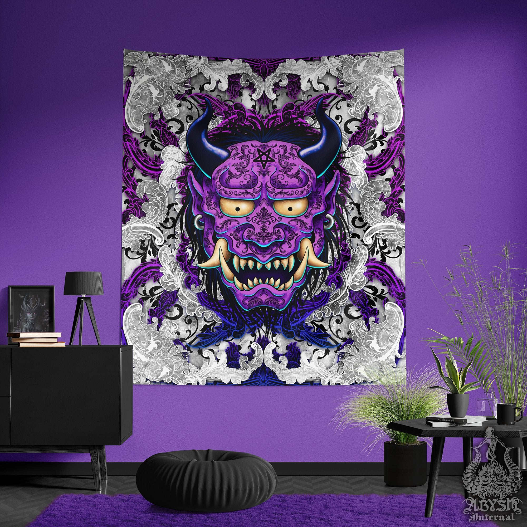 White Goth Purple Tapestry, Trippy Wall Hanging, Japanese Oni Demon, Anime and Gamer Home Decor, Vertical Art Print - 2 Colors - Abysm Internal