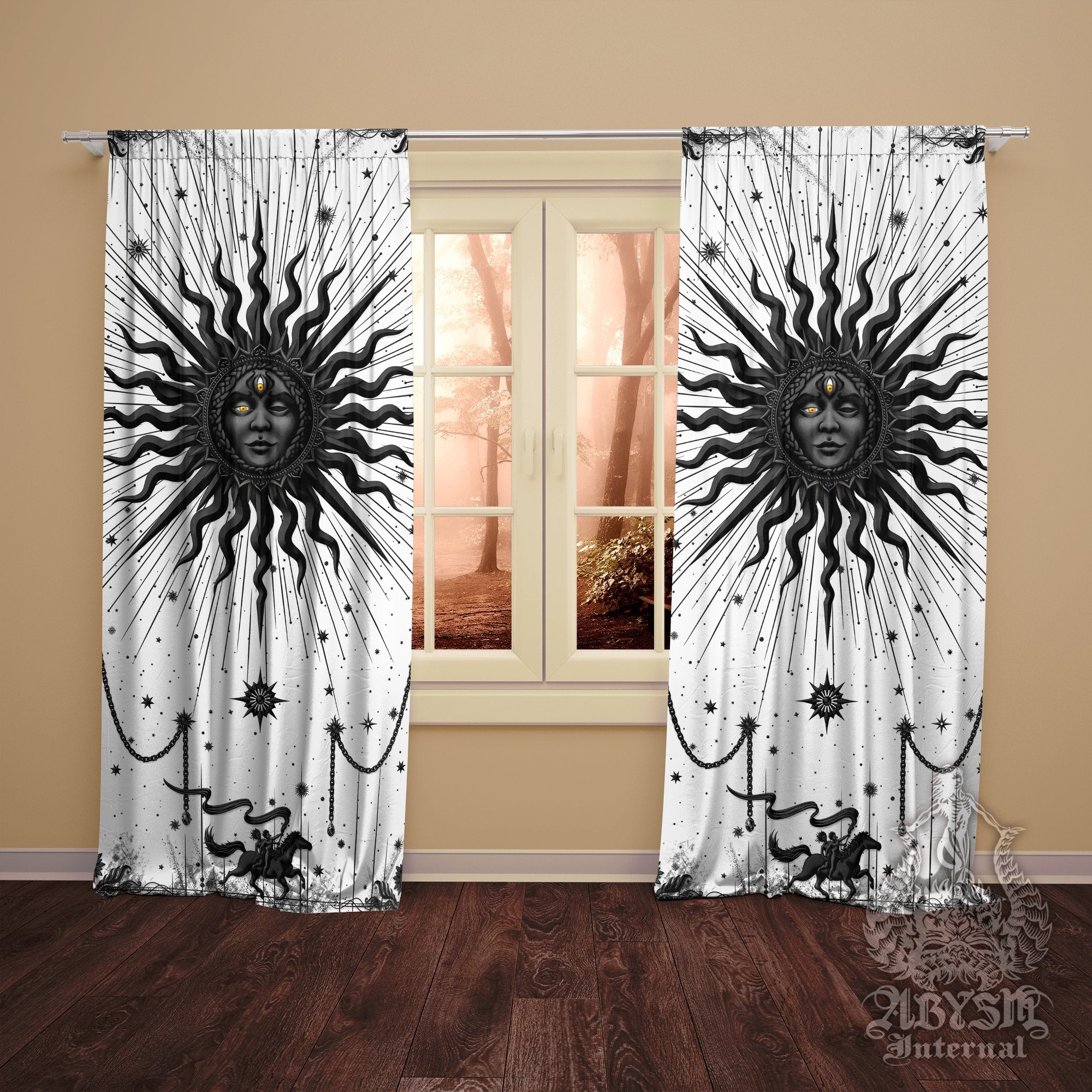 White Goth Sun Curtains, 50x84' Printed Window Panels, Gothic Home Decor, Tarot Arcana, Esoteric Art Print - Black - Abysm Internal
