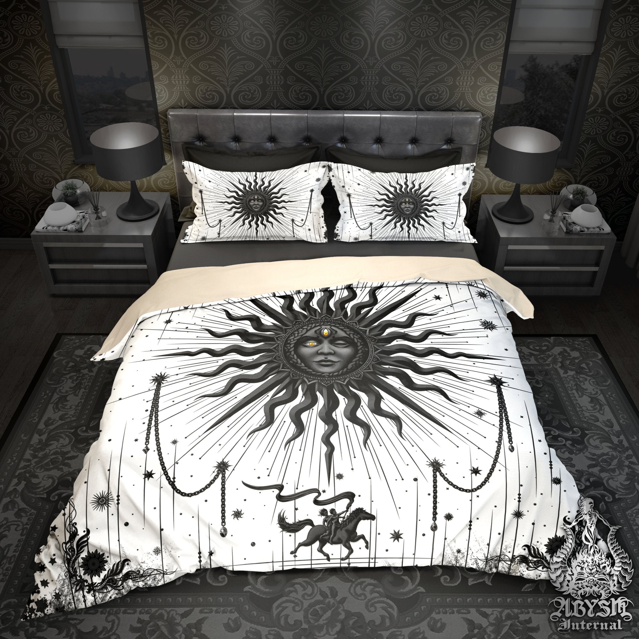 White Goth Sun Duvet Cover, Bed Covering, Black and White Comforter, Gothic Bedroom Decor King, Queen & Twin Bedding Set - Tarot Arcana Art - Abysm Internal
