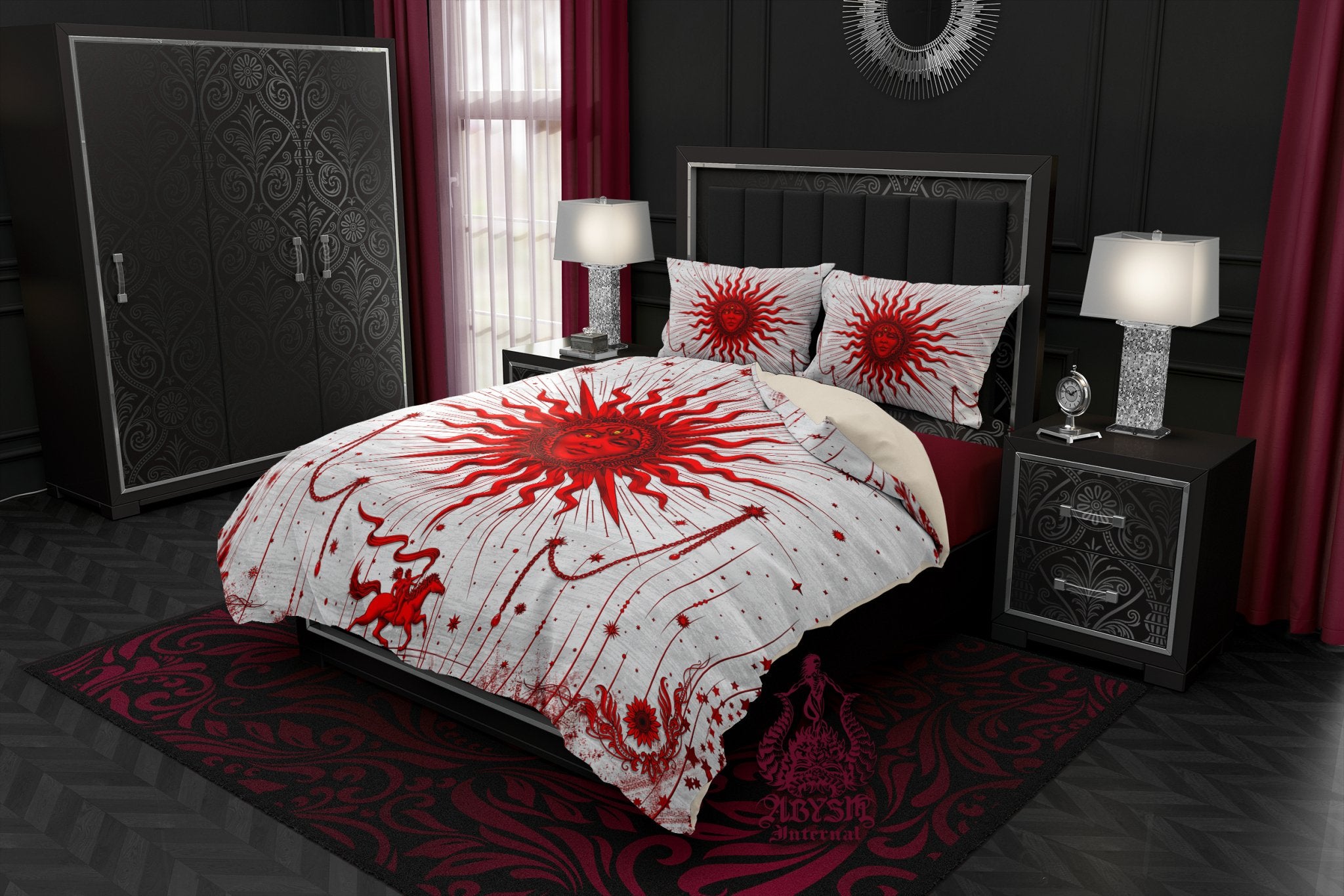 White Goth Sun Duvet Cover, Bed Covering, Esoteric Comforter, Bloody Bedroom Decor King, Queen & Twin Bedding Set - Tarot Arcana Art, Red - Abysm Internal