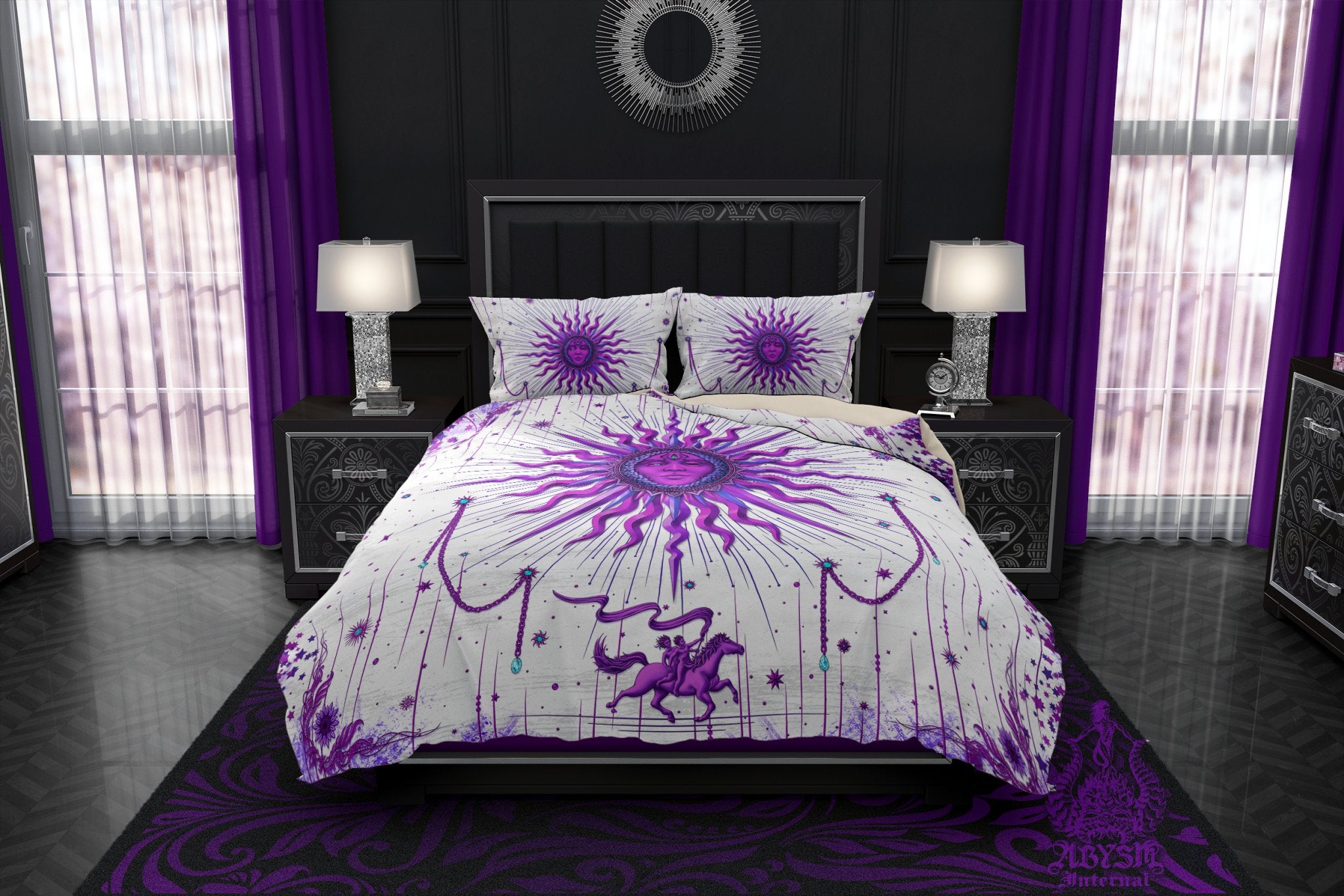 White Goth Sun Duvet Cover, Bed Covering, Witchy Comforter, Purple Bedroom Decor King, Queen & Twin Bedding Set - Tarot Arcana Art - Abysm Internal