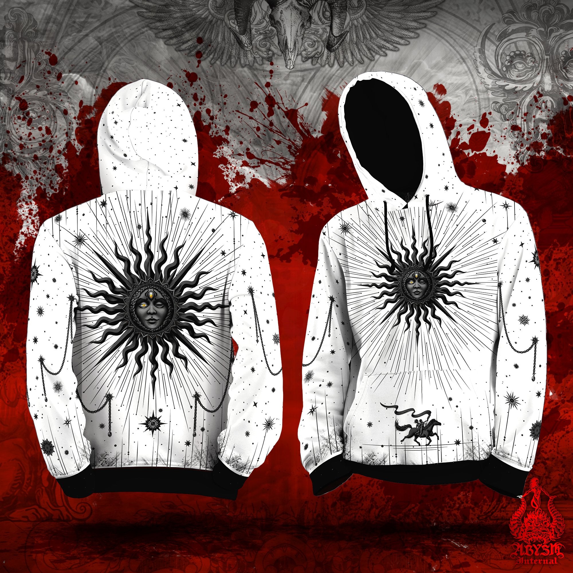 White Goth Sun Hoodie, Sorcerer Outfit, Witch Sweater, Tarot Arcana Pullover, Esoteric and Magic Streetwear, Alternative Clothing, Unisex - Black - Abysm Internal
