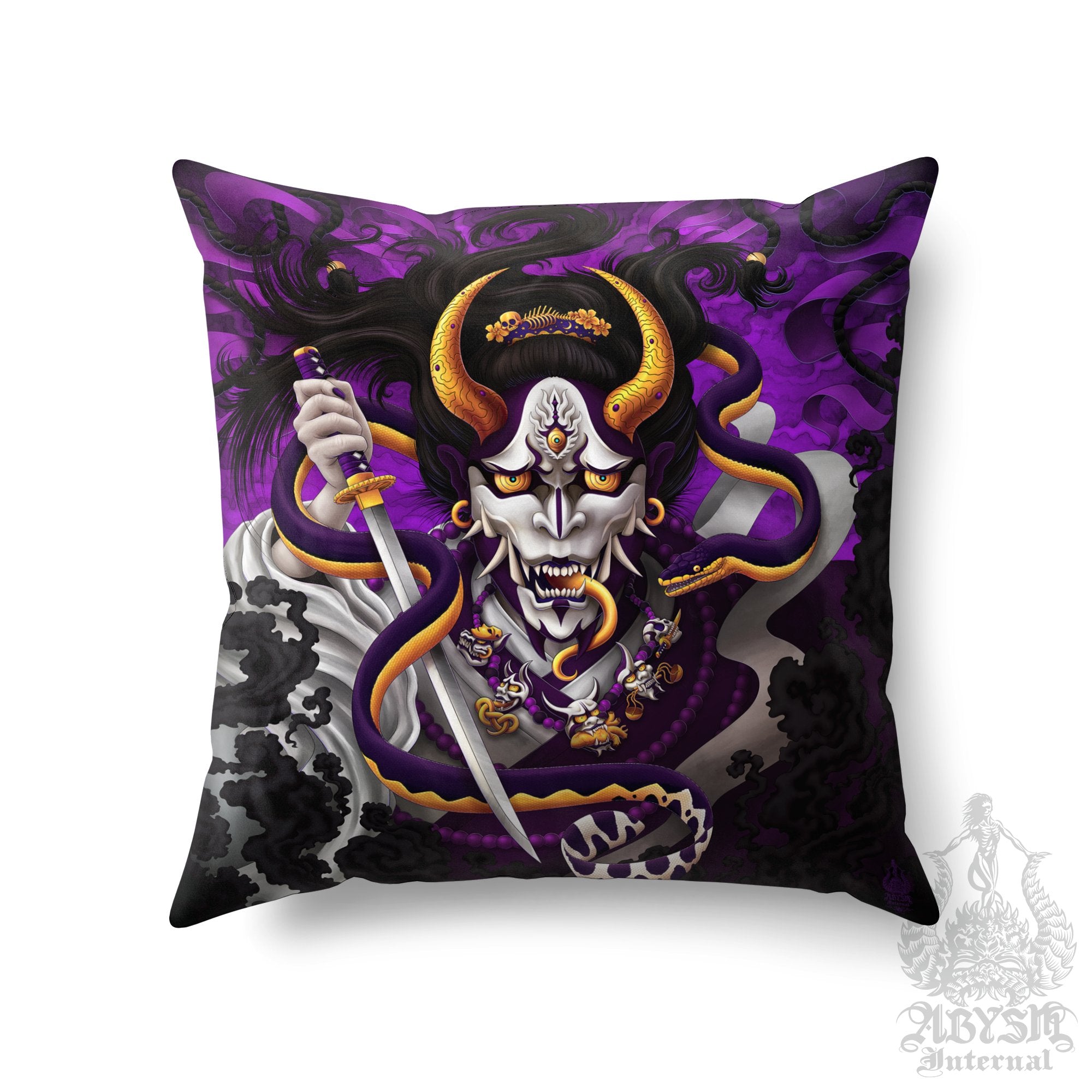 White Goth Throw Pillow, Decorative Accent Pillow, Square Cushion Cover, Purple Hannya, Japanese Demon & Snake, Anime Room Decor - Abysm Internal