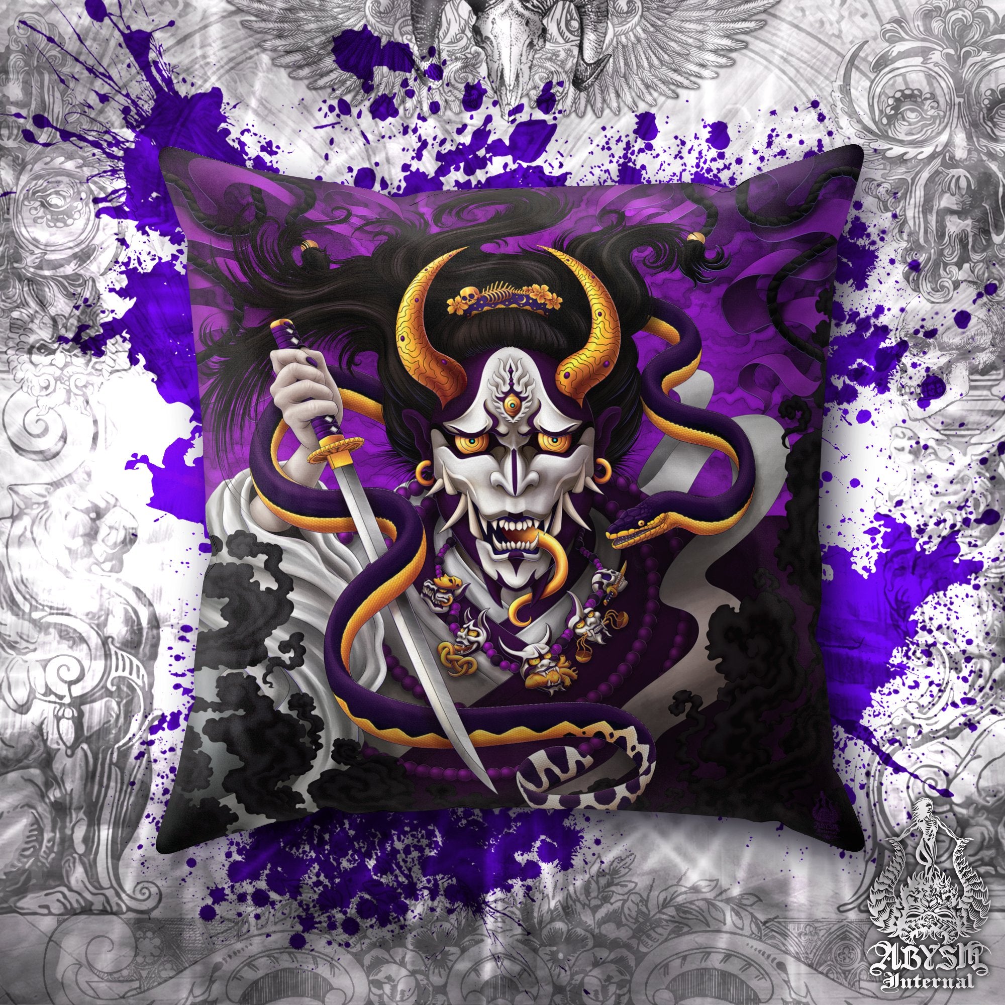White Goth Throw Pillow, Decorative Accent Pillow, Square Cushion Cover, Purple Hannya, Japanese Demon & Snake, Anime Room Decor - Abysm Internal