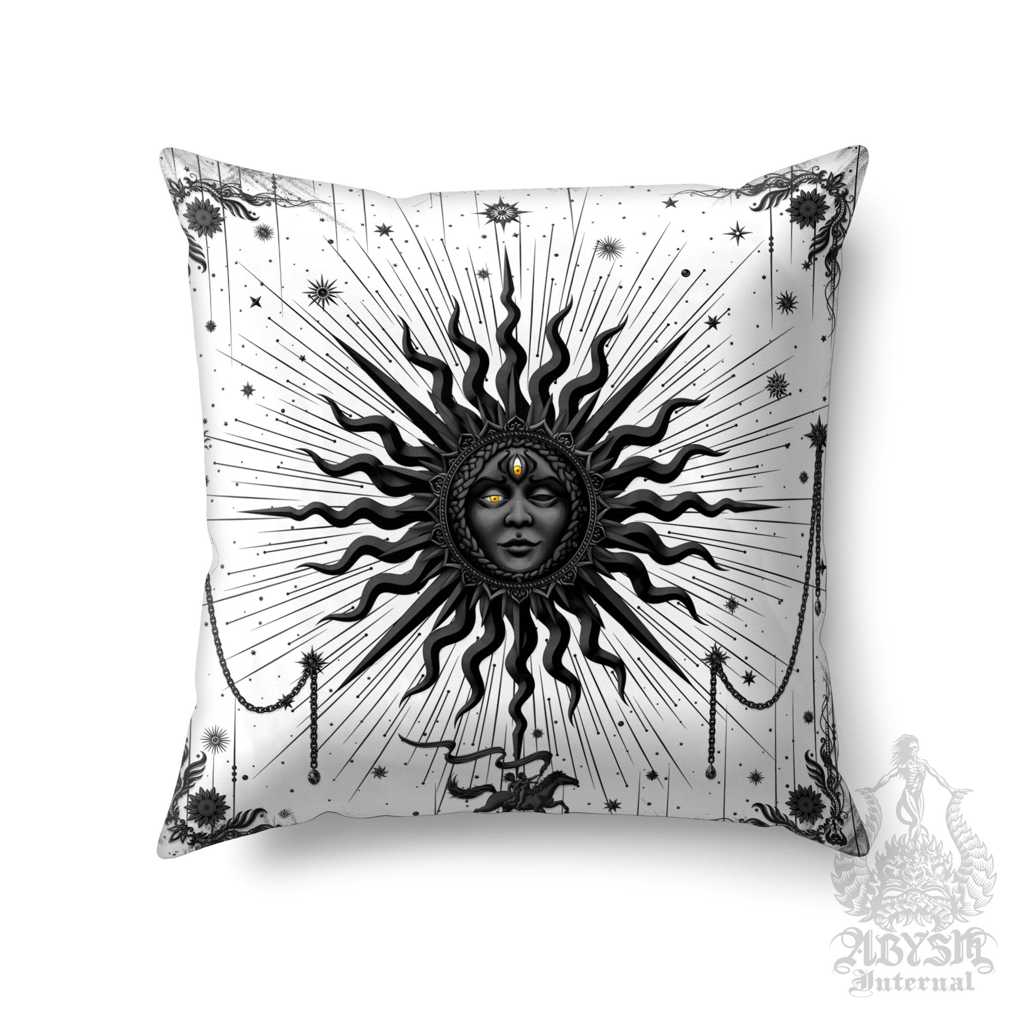 White Goth Throw Pillow, Decorative Accent Pillow, Witchy Square Cushion Cover, Black Sun, Arcana Tarot Art, Gothic Witch Home, Fortune & Magic Room Decor - Abysm Internal