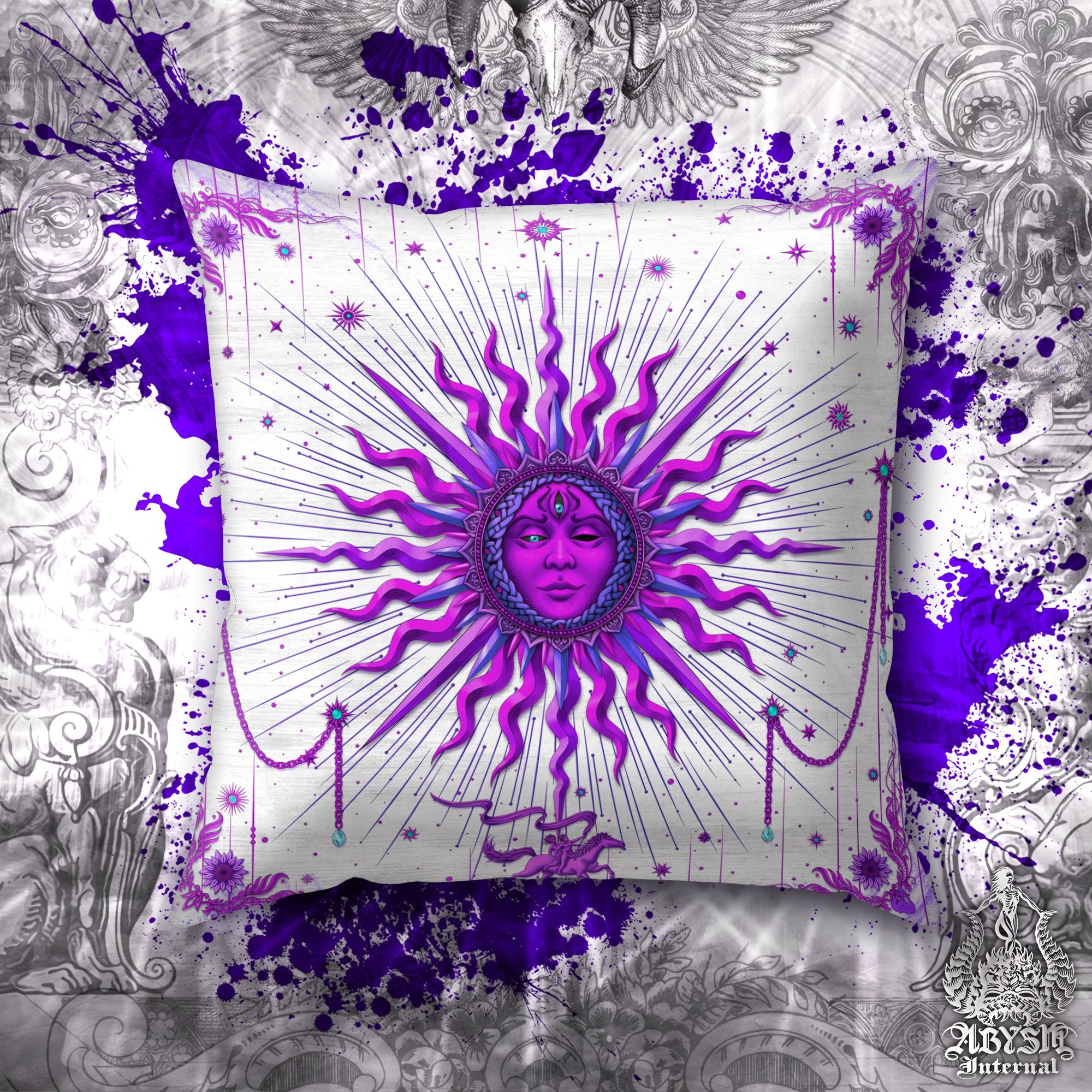White Goth Throw Pillow, Witch Decorative Accent Pillow, Square Cushion Cover, Purple Sun, Arcana Tarot Art, Witchy Home, Fortune & Magic Room Decor - Abysm Internal