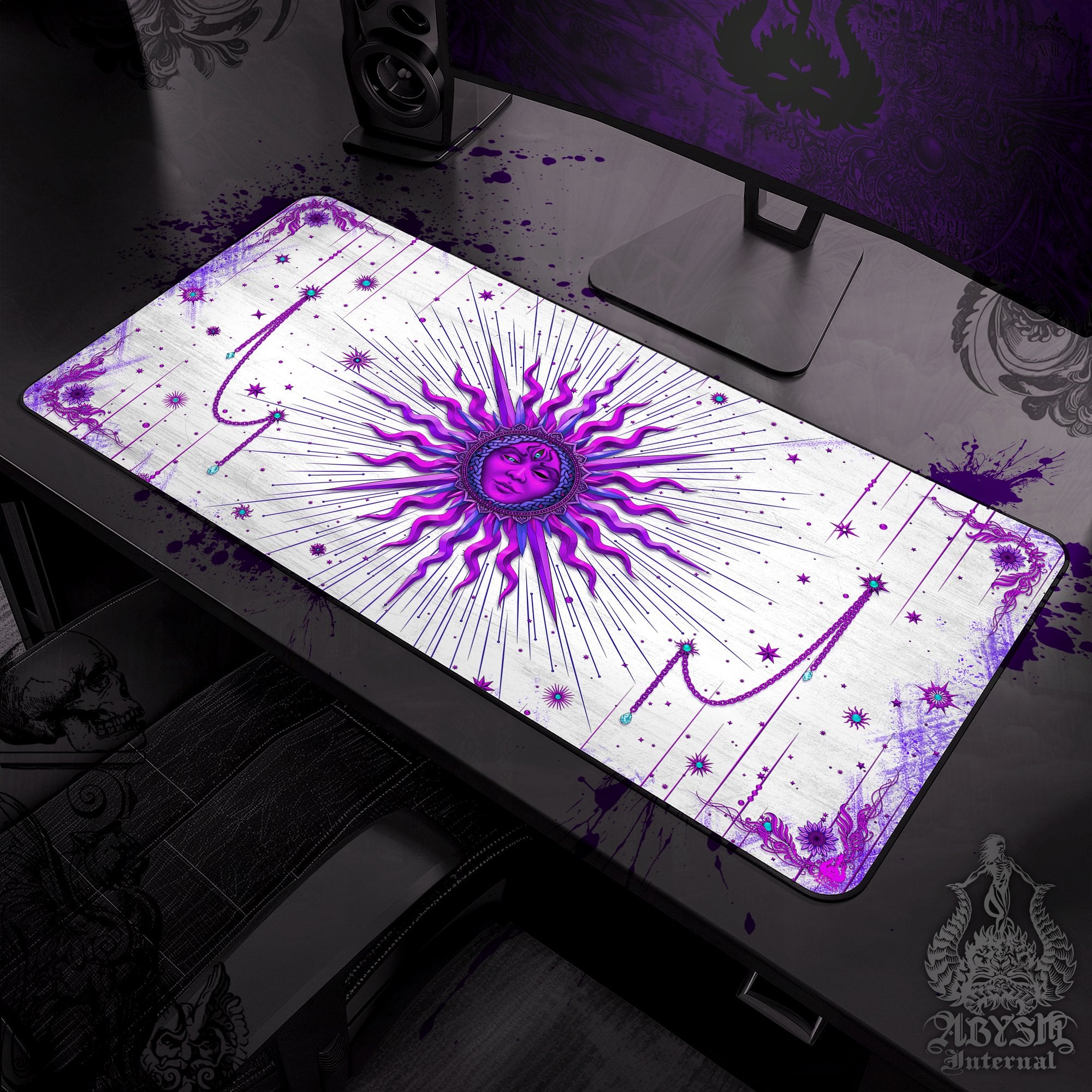 White Goth Workpad, Purple Sun Desk Mat, Tarot Arcana Gaming Mouse Pad, Witchy Table Protector Cover, Witch Room, Esoteric Art Print - Abysm Internal