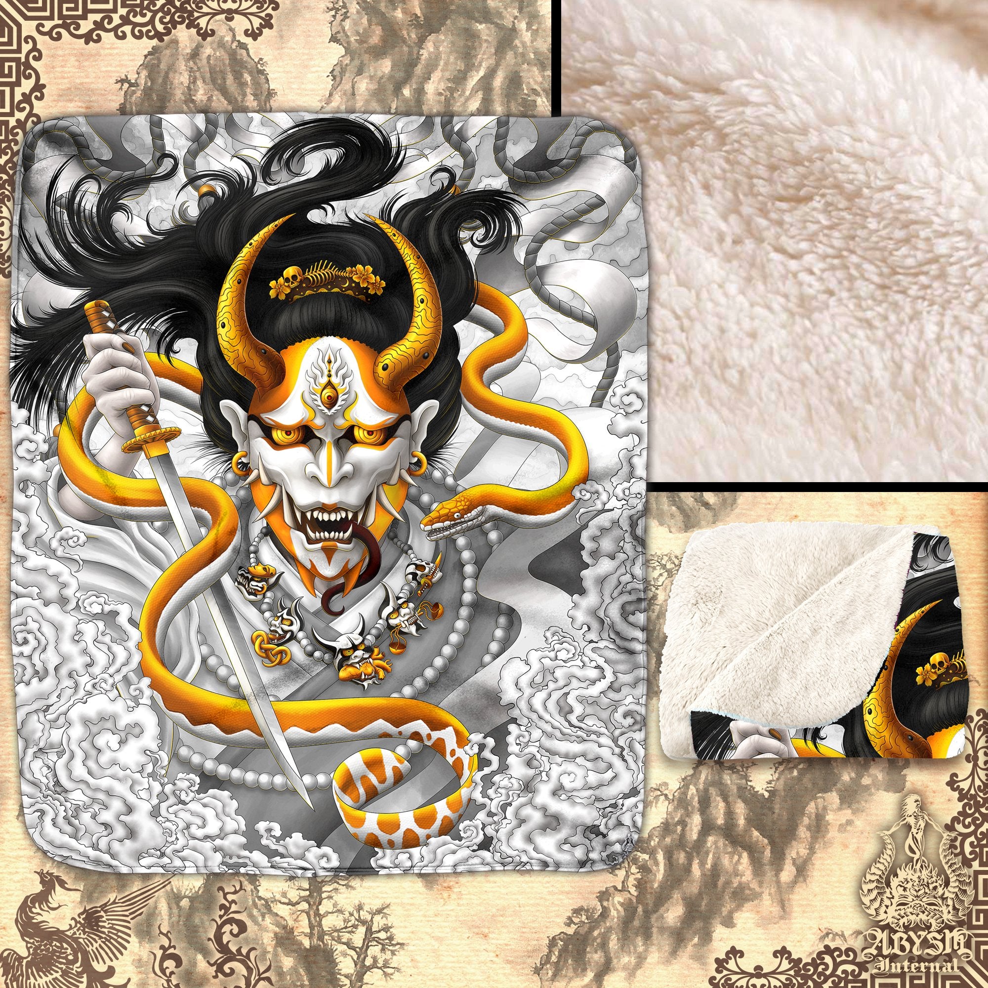 White Hannya Sherpa Fleece Throw Blanket, Japanese Demon and Snake, Manga, Anime and Gamer Room Decor - Gold - Abysm Internal