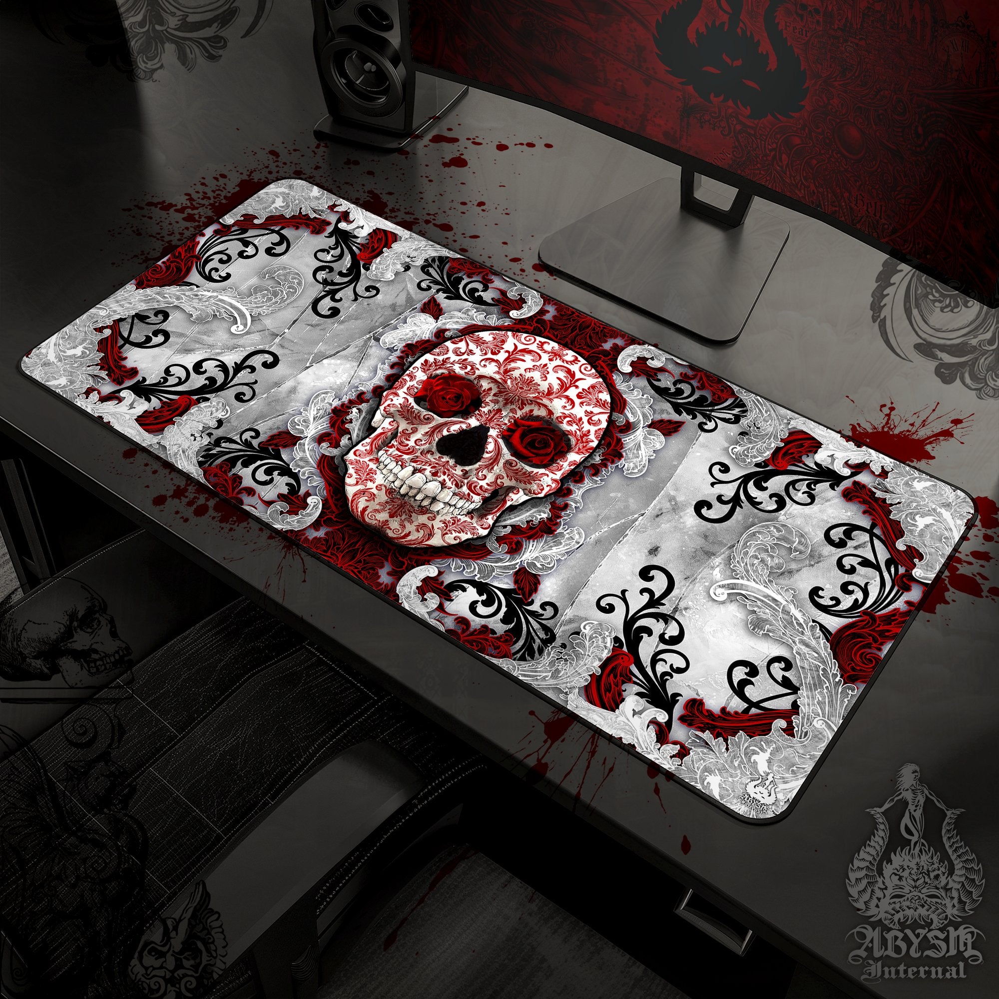 White Mouse Pad, Goth Gaming Desk Mat, Skull Workpad, Bloody Table Protector Cover, Art Print - Abysm Internal