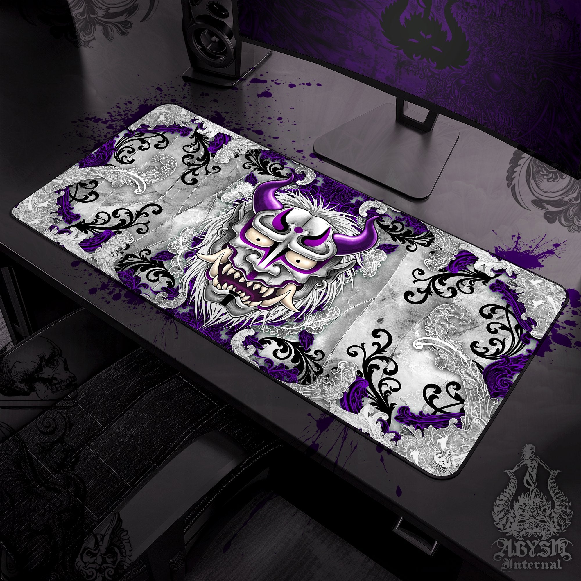 White Oni Gaming Mouse Pad, Japanese Demon Desk Mat, Gamer Table Protector Cover, Goth Purple Workpad, Anime Yokai Art Print - 2 Colors - Abysm Internal