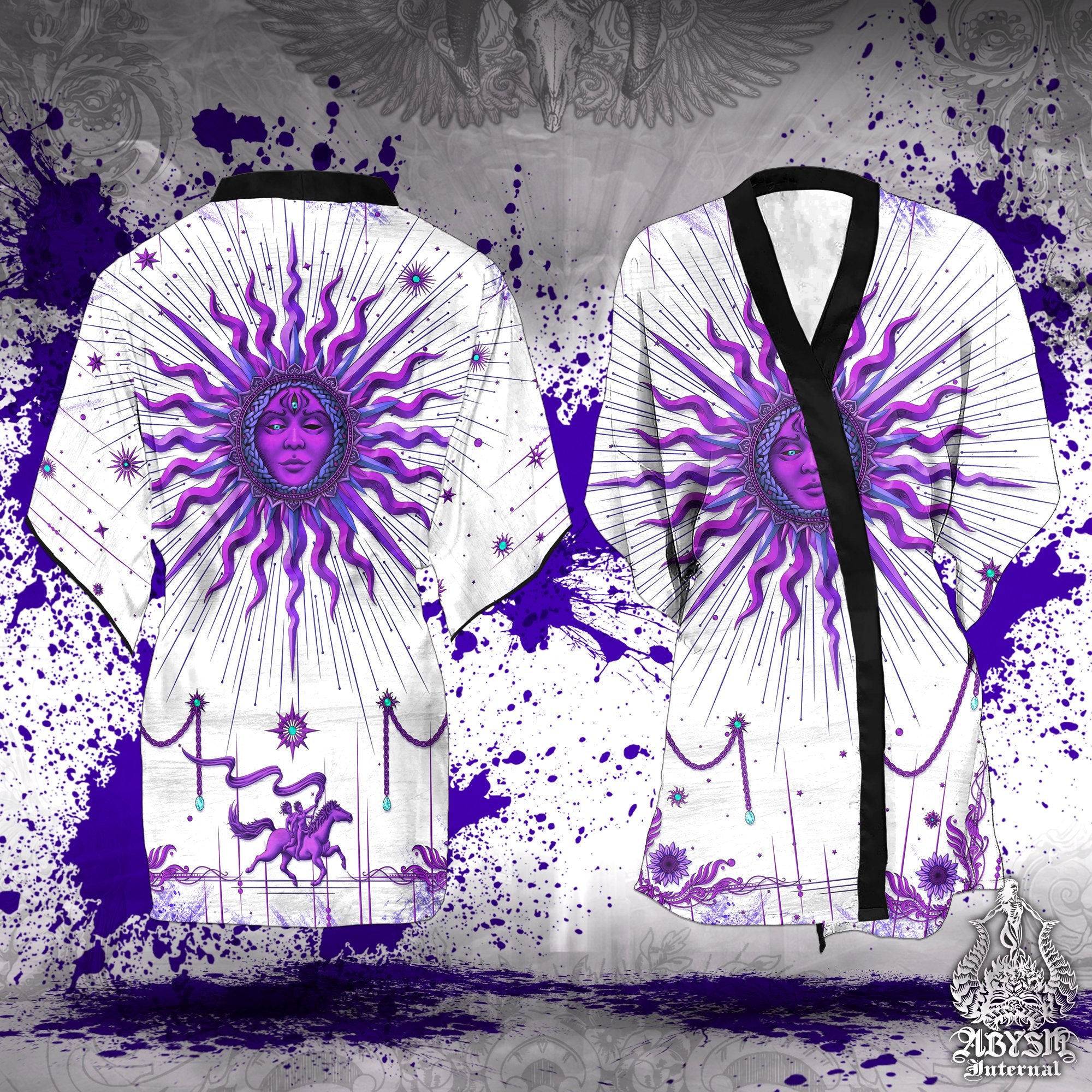 White Purple Sun Short Kimono Robe, Gothic Beach Party Outfit, Tarot Arcana Coverup, Goth Summer Festival, Alternative Clothing, Unisex - Abysm Internal