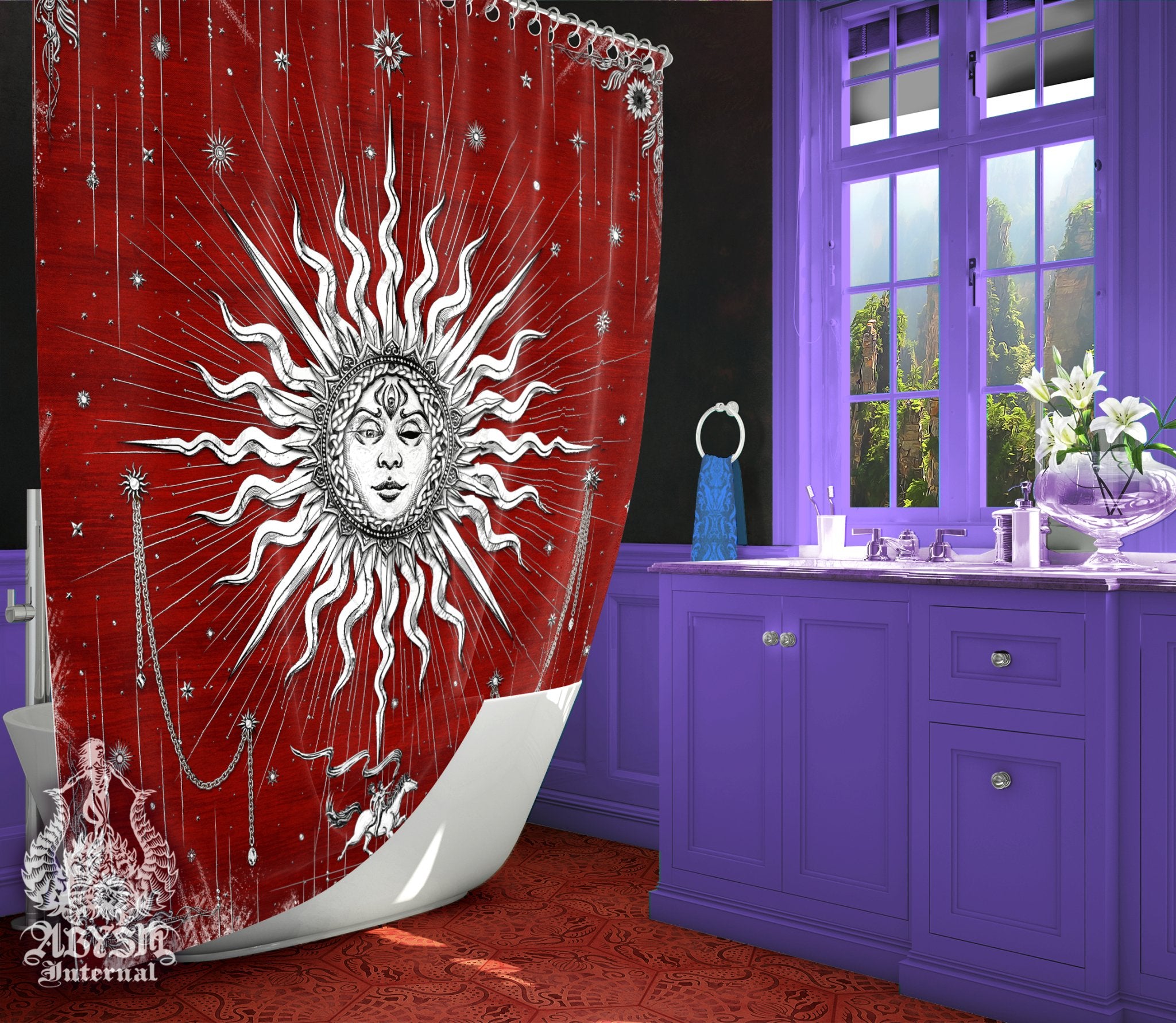White Sun Shower Curtain, 71x74 inches, Tarot Arcana, Esoteric Art Print, Indie Bathroom Decor, Boho Home - Paper, 6 Colors - Abysm Internal