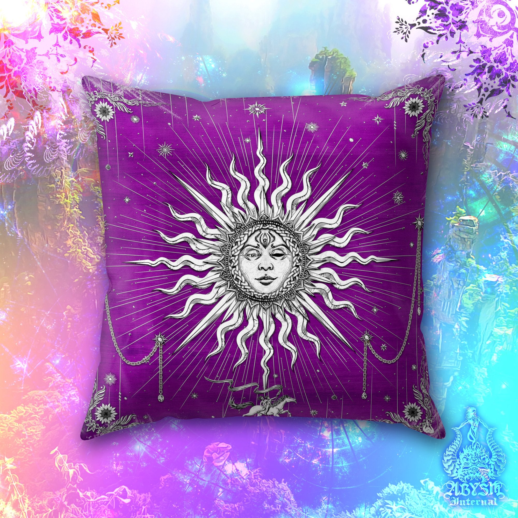 White Sun Throw Pillow, Boho Decorative Accent Pillow, Square Cushion Cover, Arcana Tarot Art, Indie Home, Fortune & Magic Room Decor - Paper, 6 Colors - Abysm Internal