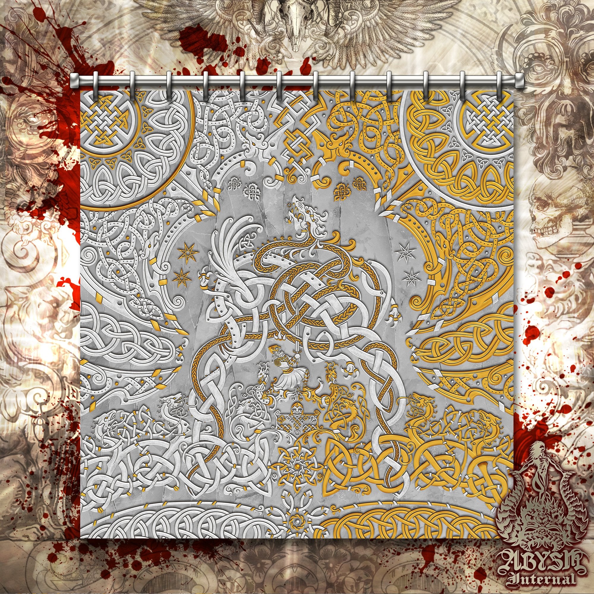 White Viking Shower Curtain, 71x74 inches, Norse Art Bathroom Decor, Nordic Dragon Fafnir - Stone and Gold, 2 Colors - Abysm Internal