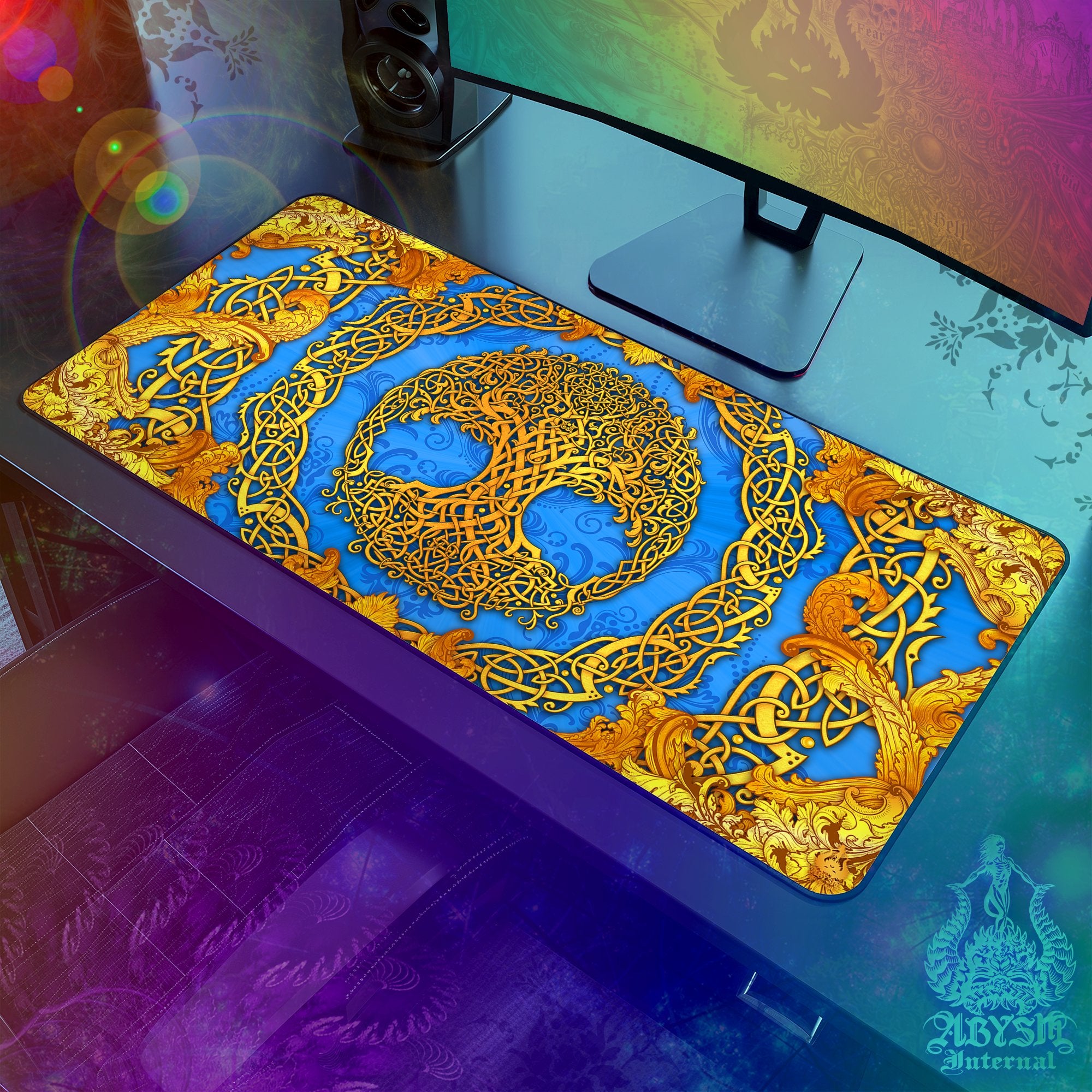 Wicca Desk Mat, Tree of Life Gaming Mouse Pad, Celtic Knotwork Table Protector Cover, Indie Workpad, Boho Art Print - Cyan Gold - Abysm Internal