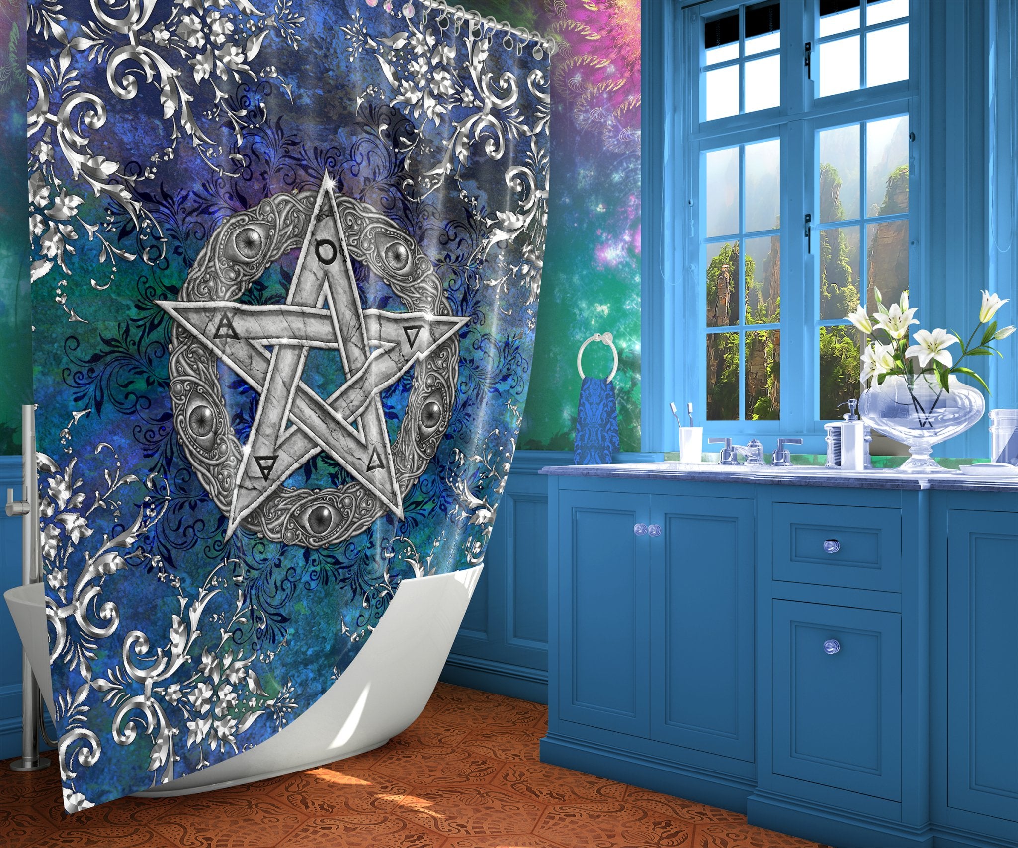 Wicca Pentacle Shower Curtain, 71x74 inches, Witch Bathroom Decor, Pagan Art, Eclectic and Witchy Home Art - Gold and Silver (Legacy) 2 Colors + Other Variants - Abysm Internal