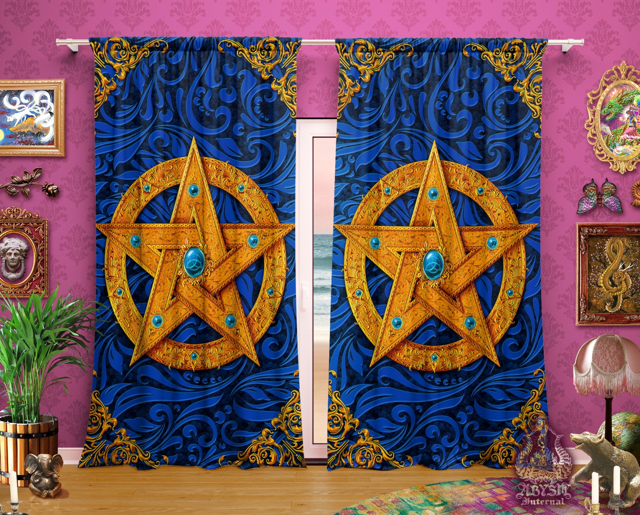 Wiccan Curtains, 50x84' Printed Window Panels, Pentacle, Pagan Room Decor, Art Print, Funky and Eclectic Home Decor - Purple, Green, Blue and Red, 4 Colors - Abysm Internal