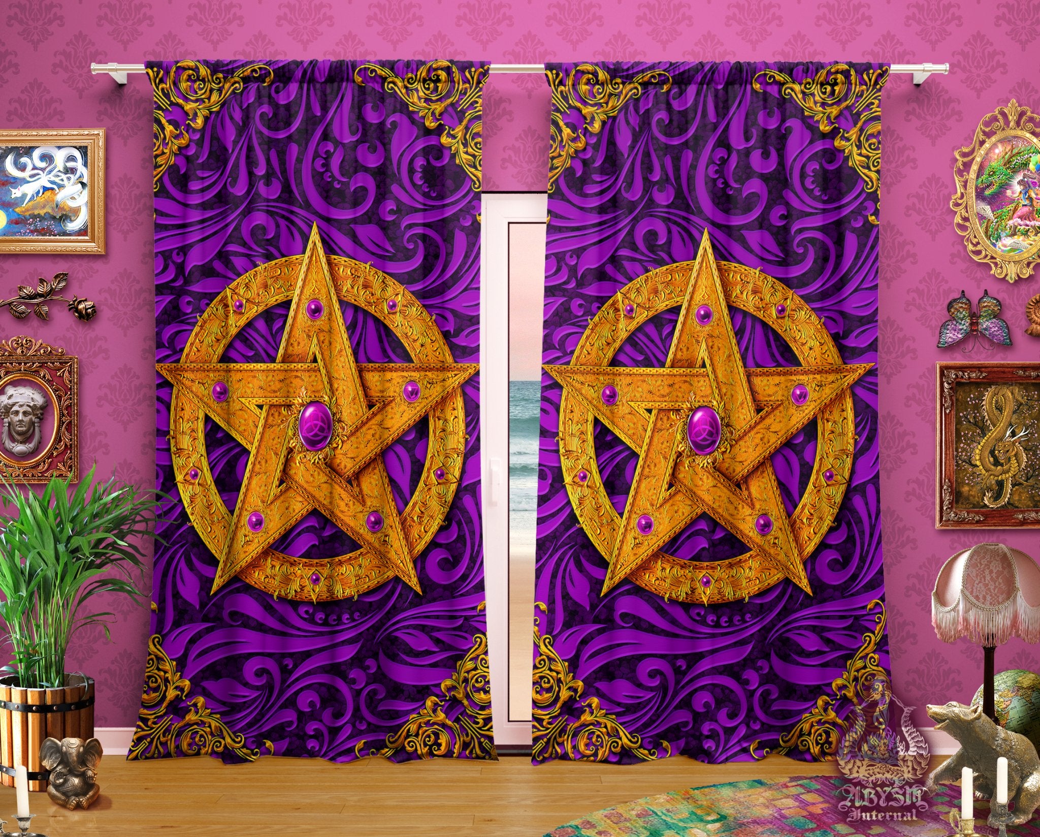Wiccan Curtains, 50x84' Printed Window Panels, Pentacle, Pagan Room Decor, Art Print, Funky and Eclectic Home Decor - Purple, Green, Blue and Red, 4 Colors - Abysm Internal