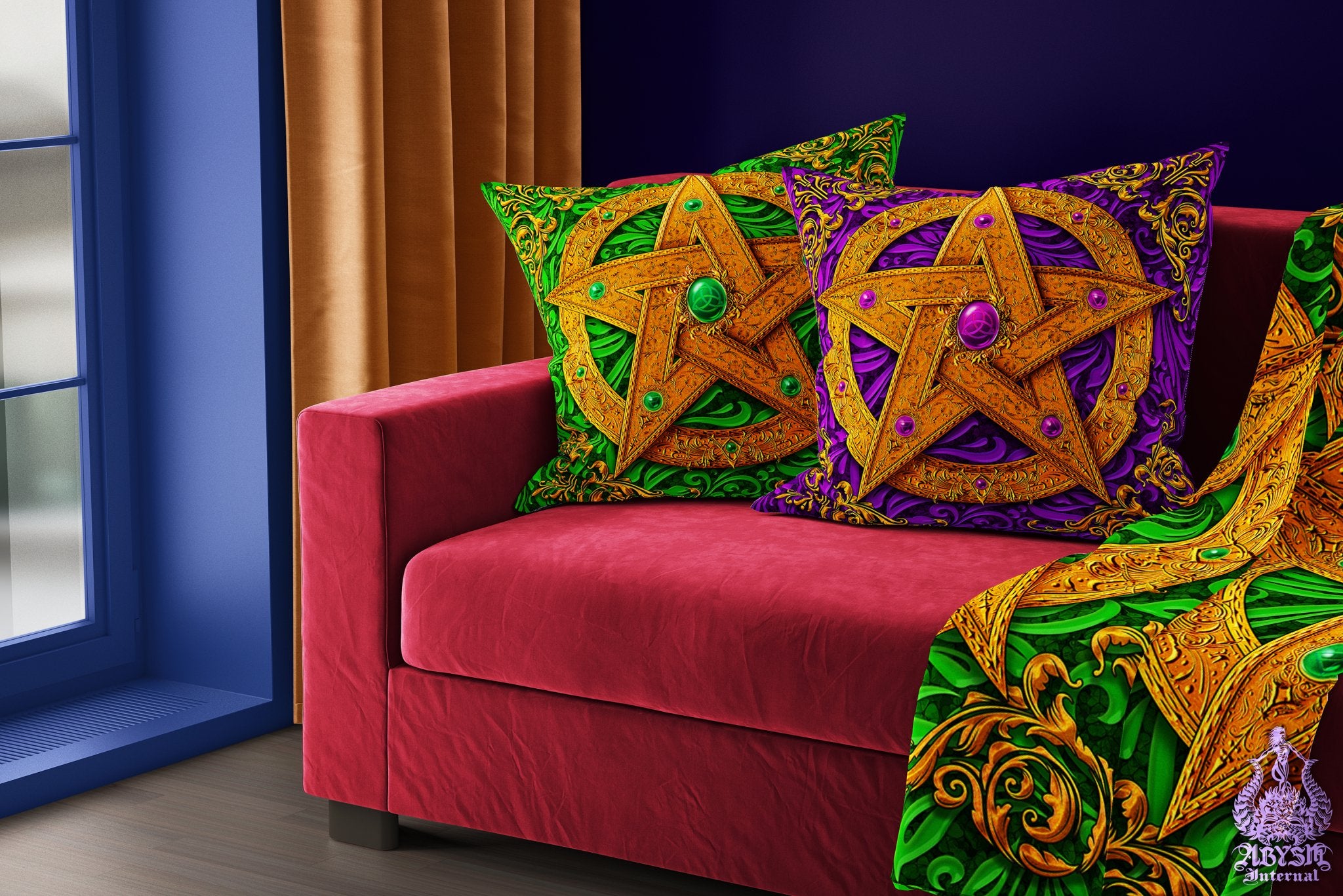Wiccan Throw Pillow, Decorative Accent Pillow, Square Cushion Cover, Witch Pentacle Decor, Pagan Art, Funky and Eclectic Home - Green, Purple, Blue and Red, 4 Colors - Abysm Internal