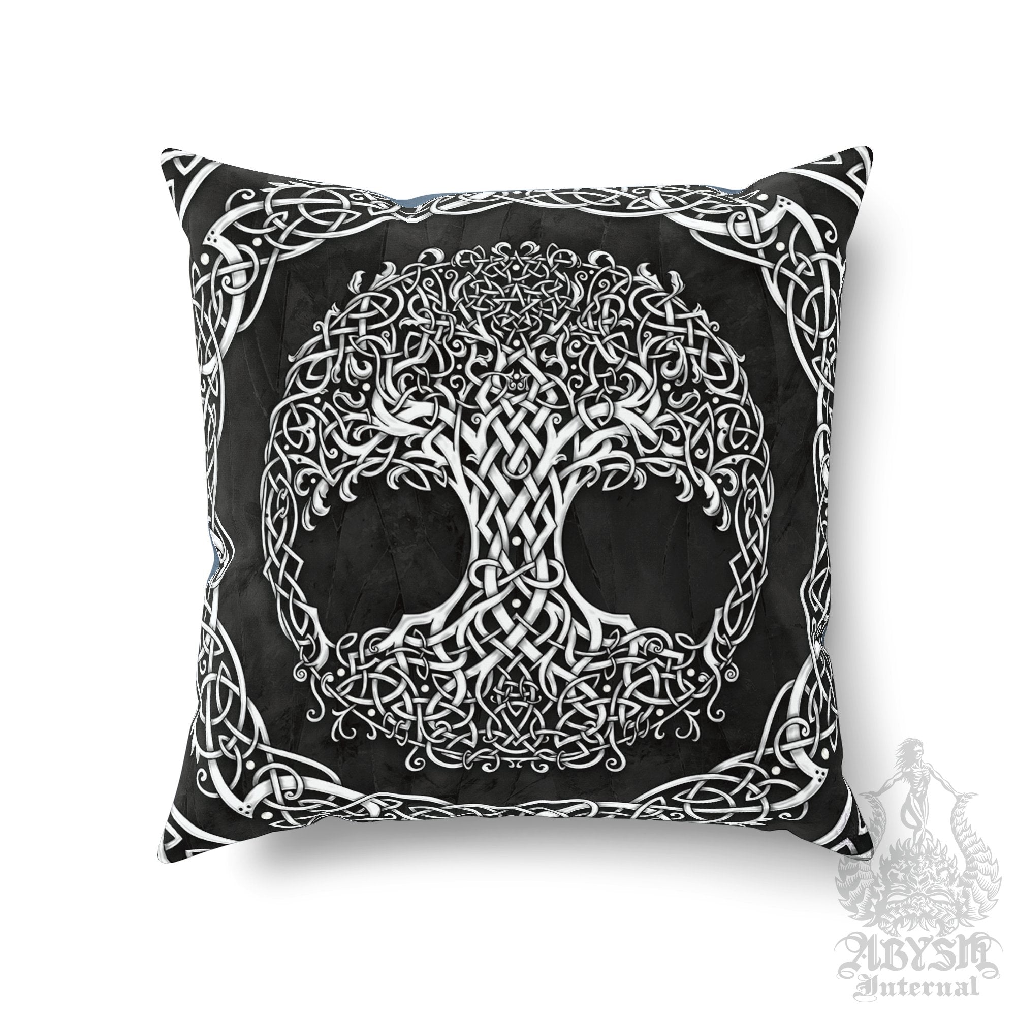 Witch Throw Pillow, Decorative Accent Pillow, Square Cushion Cover, Tree of Life, Wicca Room Decor, Witchy Cetlic Art, Funky Home - White & 3 Colors - Abysm Internal