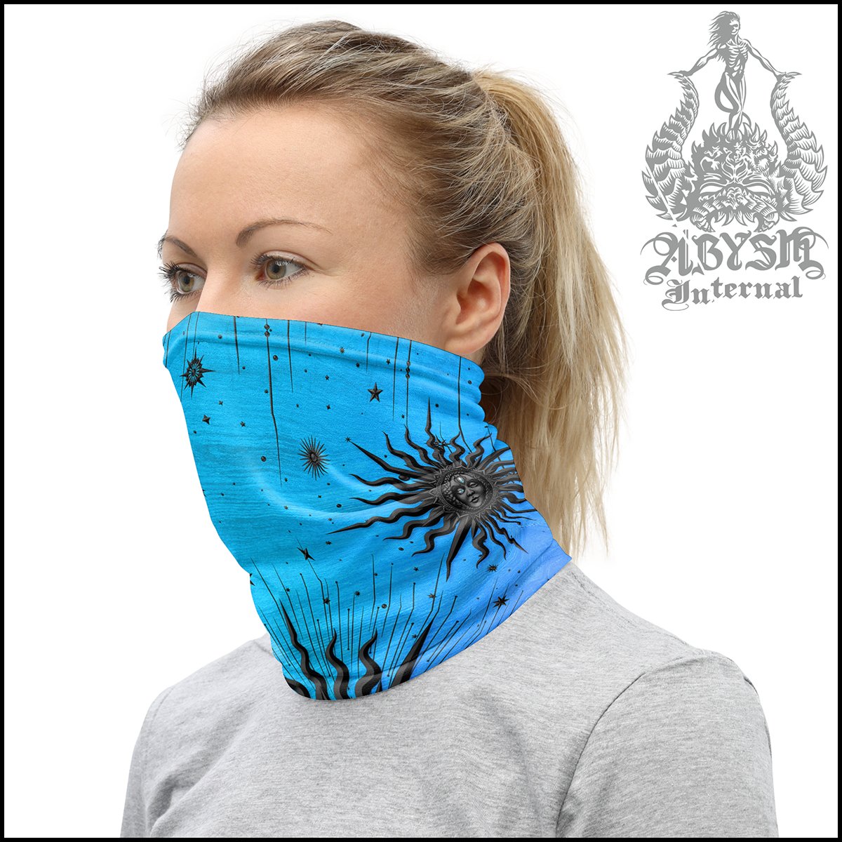 Witchy Neck Gaiter, Tarot Arcana Sun Face Mask, Printed Head Covering, Witch Outfit - Black, Cyan - Abysm Internal
