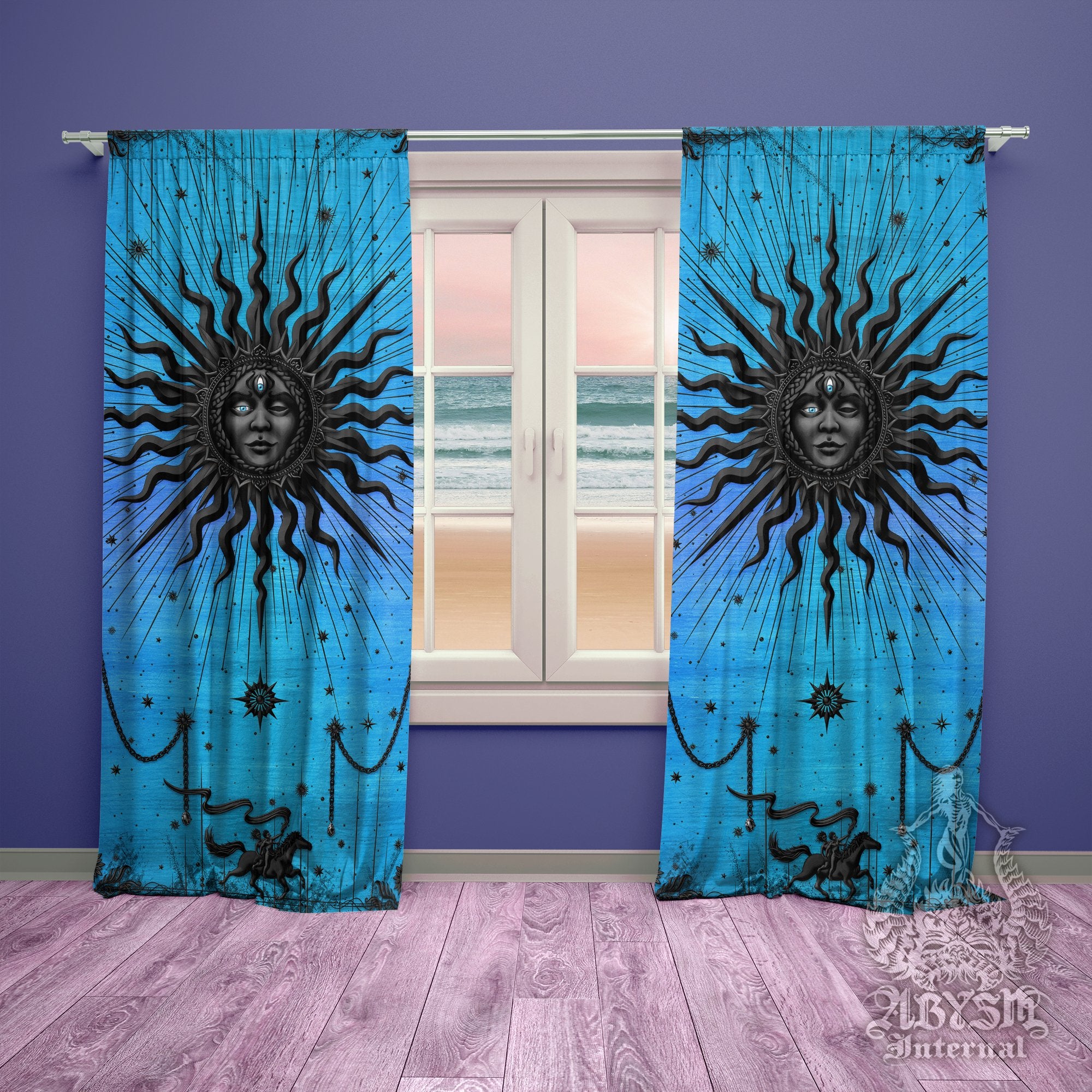 Witchy Sun Curtains, 50x84' Printed Window Panels, Goth Home Decor, Tarot Arcana, Esoteric Art Print - Cyan Black - Abysm Internal