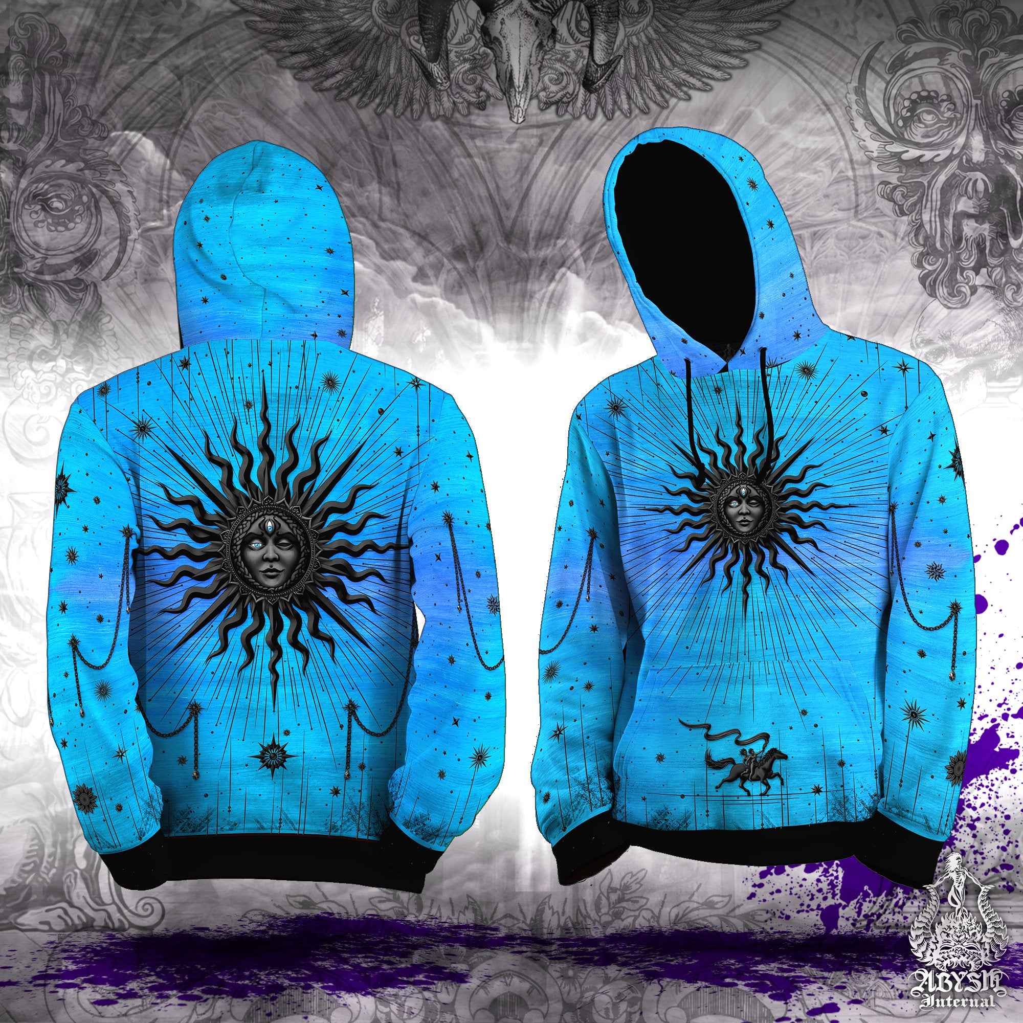 Witchy Sun Hoodie, Witch Outfit, Tarot Arcana Pullover, Indie Sweater, Esoteric Party, Festival Streetwear, Alternative Clothing, Unisex - Cyan Black - Abysm Internal