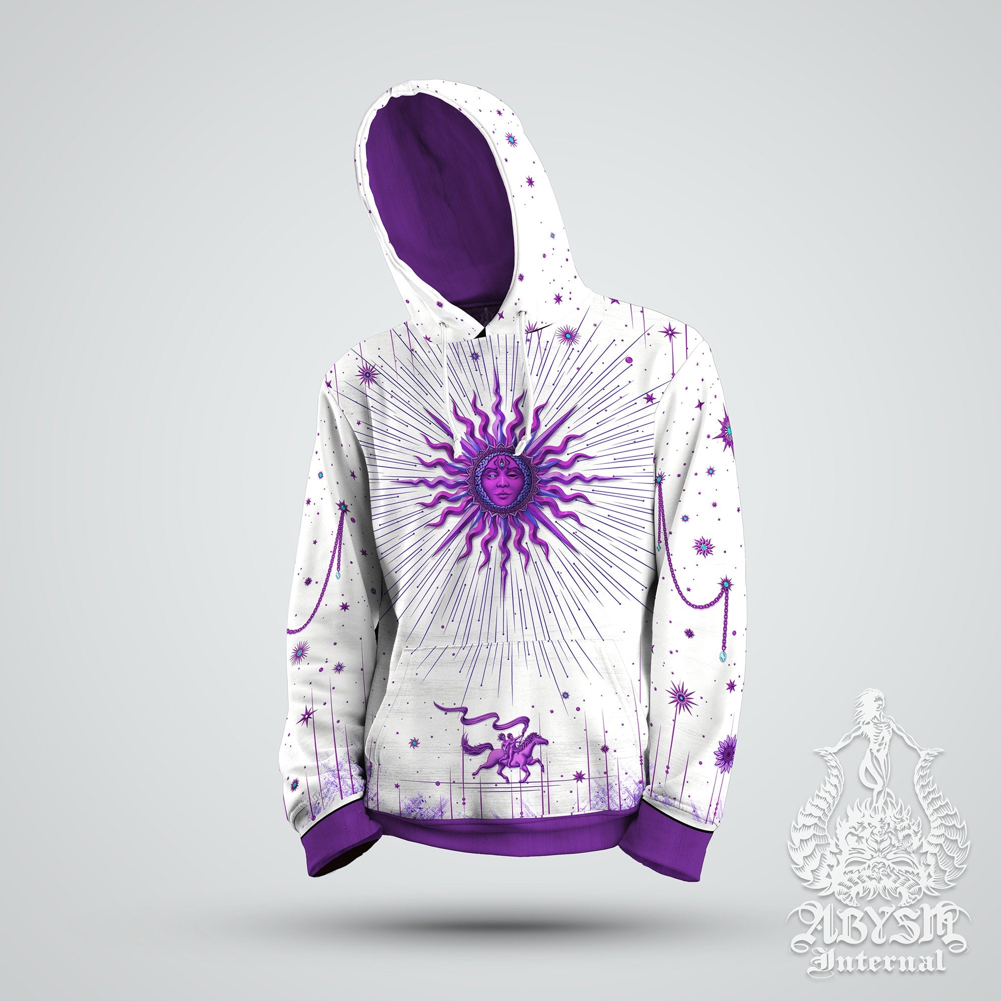 Witchy Sun Hoodie, Witch Outfit, Tarot Arcana Sweater, White Goth Pullover, Magic Street Festival, Purple Streetwear, Alternative Clothing, Unisex - Abysm Internal