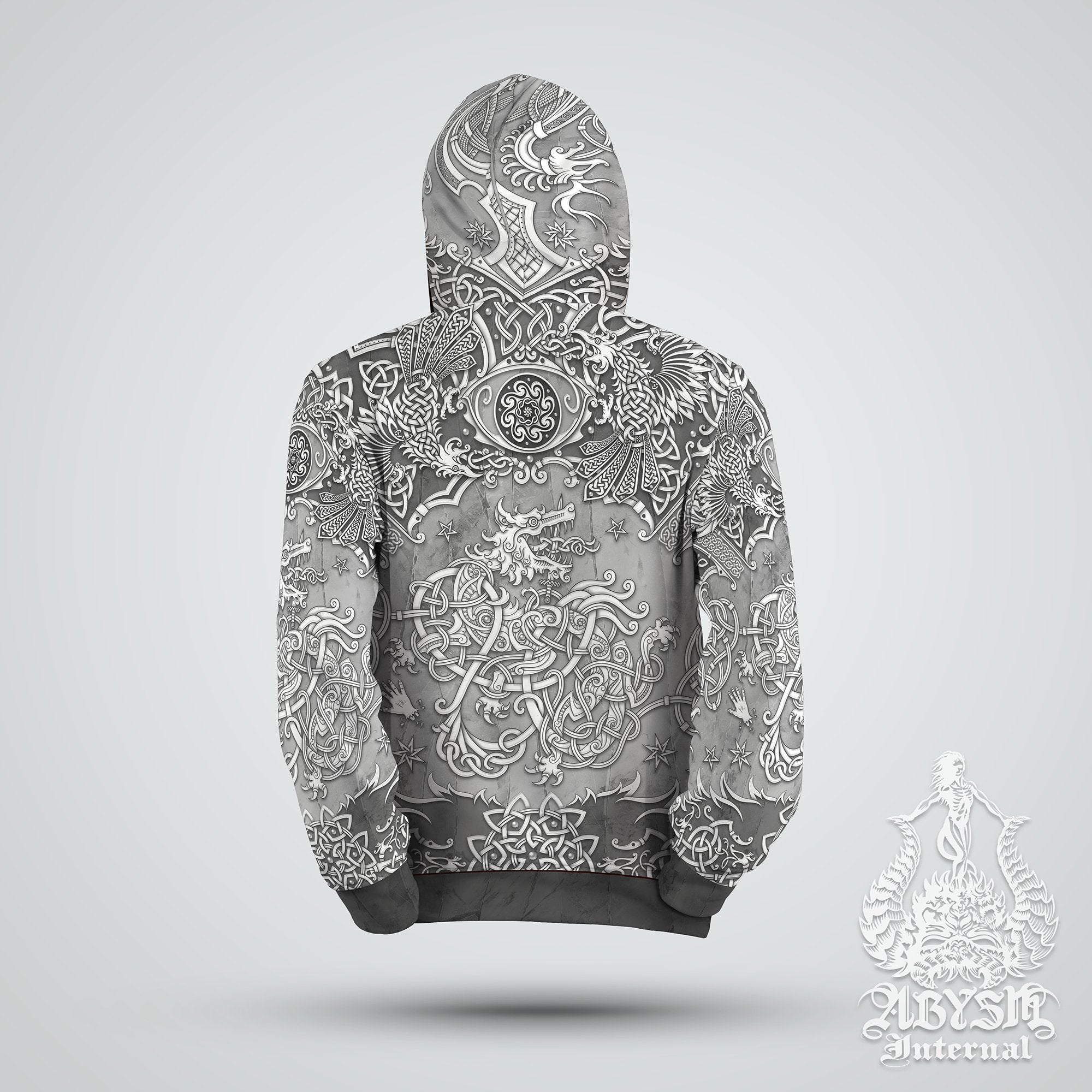 Wolf Fenrir Hoodie, Viking Art Sweater, Nordic Knotwork Pullover, Norse Street Outfit, Pagan Streetwear, Alternative Clothing, Unisex - Stone - Abysm Internal