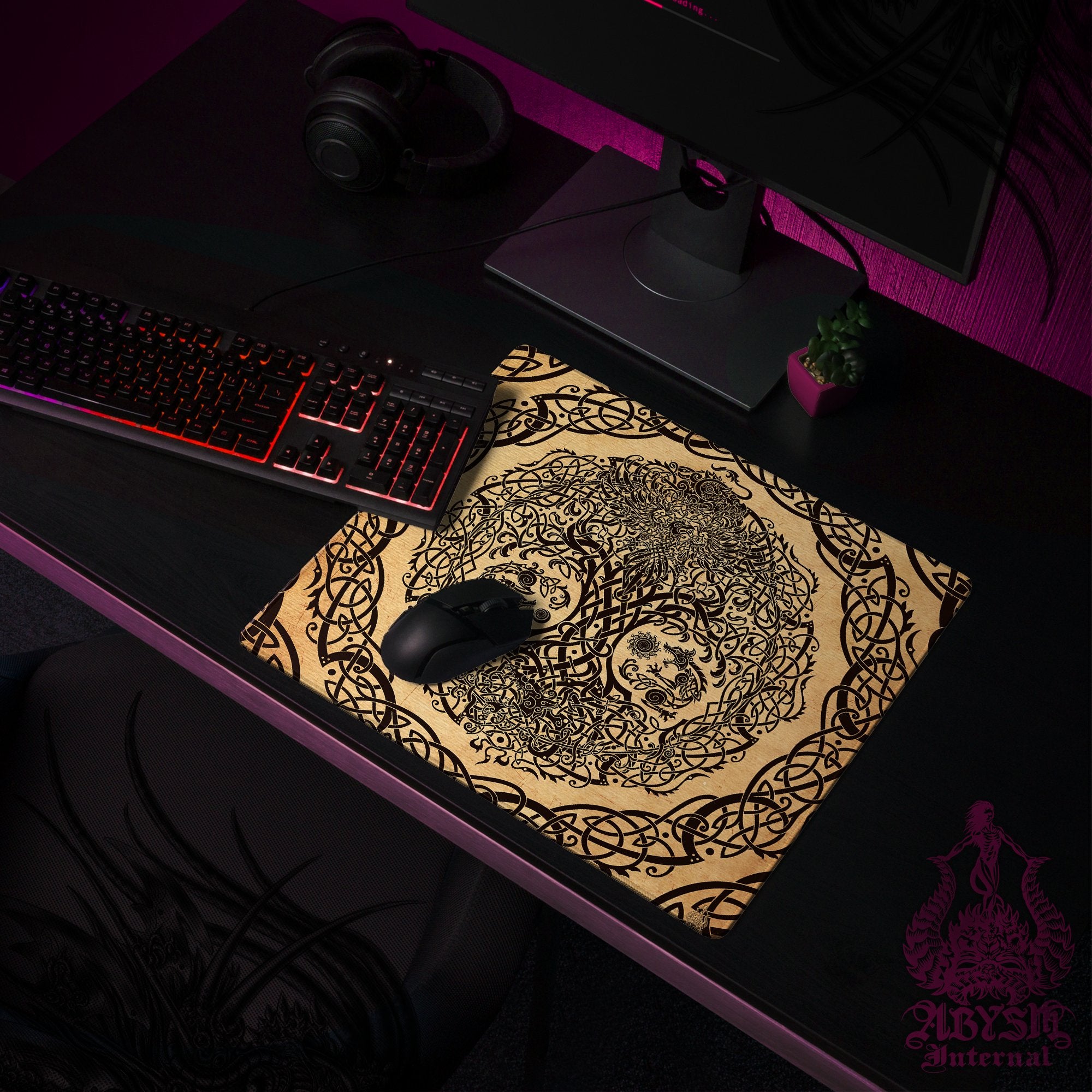 Yggdrasil Gaming Desk Mat, Viking Mouse Pad, Norse Tree of Life Table Protector Cover, Knotwork Workpad, Nordic Art Print - Stone, Paper, Cream, 3 Colors - Abysm Internal