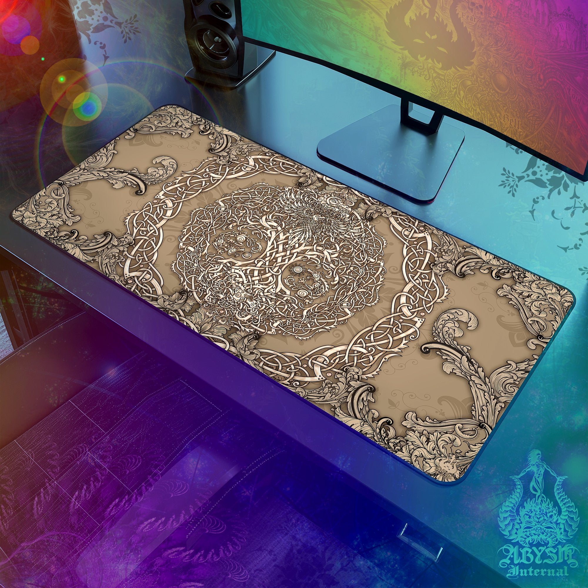 Yggdrasil Gaming Desk Mat, Viking Mouse Pad, Norse Tree of Life Table Protector Cover, Knotwork Workpad, Nordic Art Print - Stone, Paper, Cream, 3 Colors - Abysm Internal