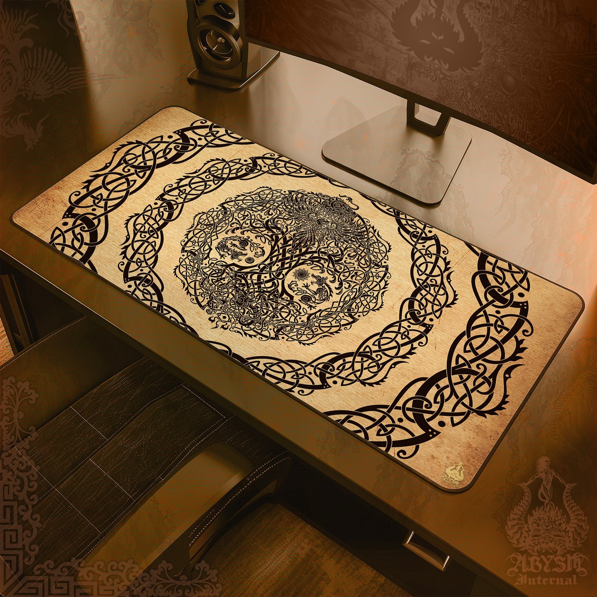 Yggdrasil Gaming Desk Mat, Viking Mouse Pad, Norse Tree of Life Table Protector Cover, Knotwork Workpad, Nordic Art Print - Stone, Paper, Cream, 3 Colors - Abysm Internal