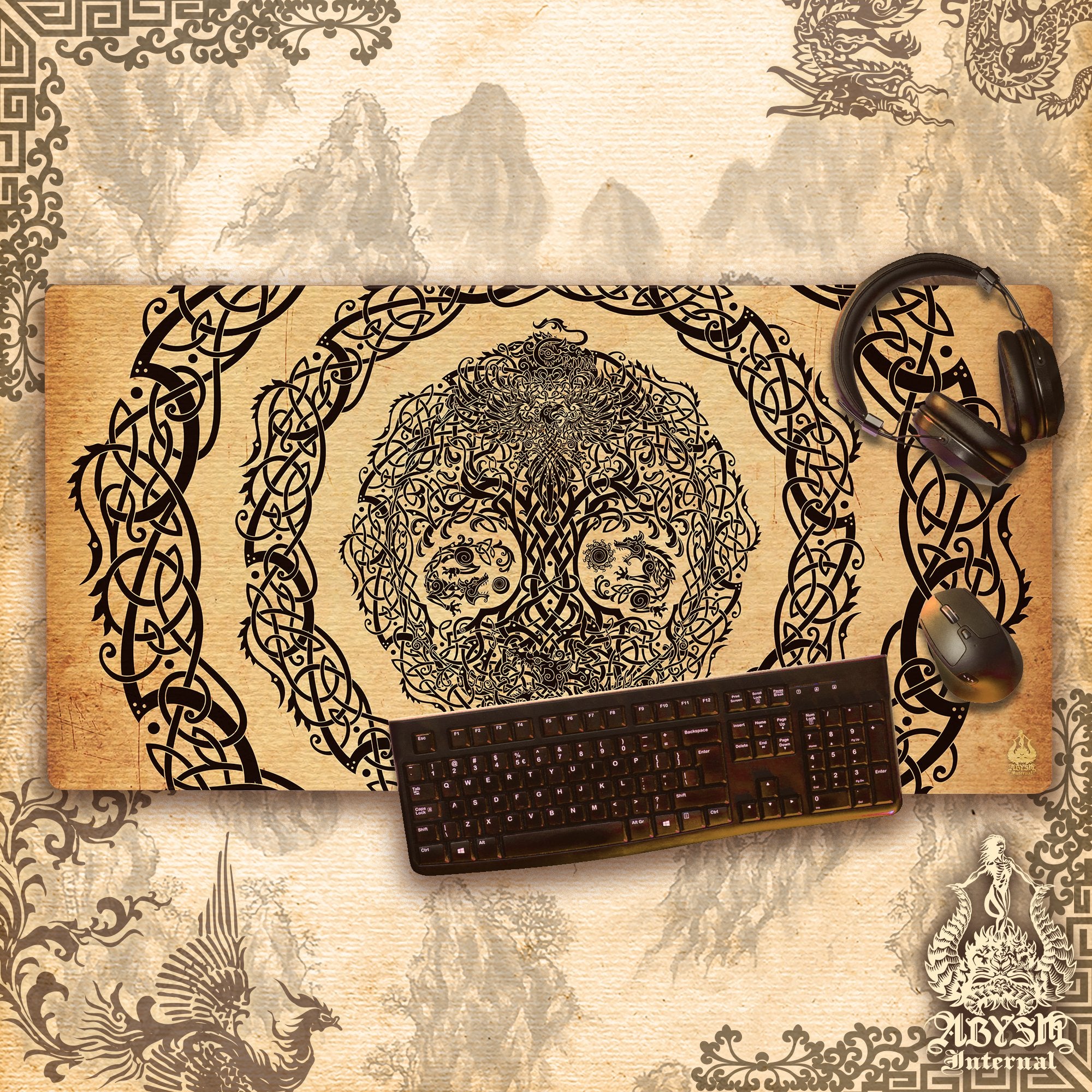 Yggdrasil Gaming Desk Mat, Viking Mouse Pad, Norse Tree of Life Table Protector Cover, Knotwork Workpad, Nordic Art Print - Stone, Paper, Cream, 3 Colors - Abysm Internal