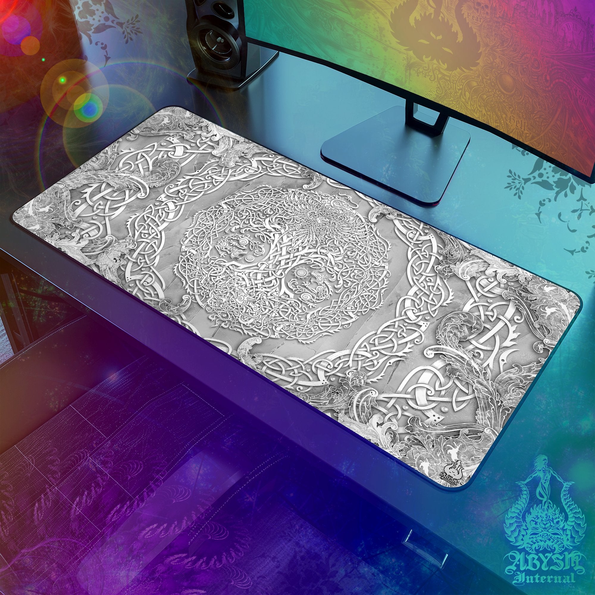 Yggdrasil Gaming Desk Mat, Viking Mouse Pad, Norse Tree of Life Table Protector Cover, Knotwork Workpad, Nordic Art Print - Stone, Paper, Cream, 3 Colors - Abysm Internal