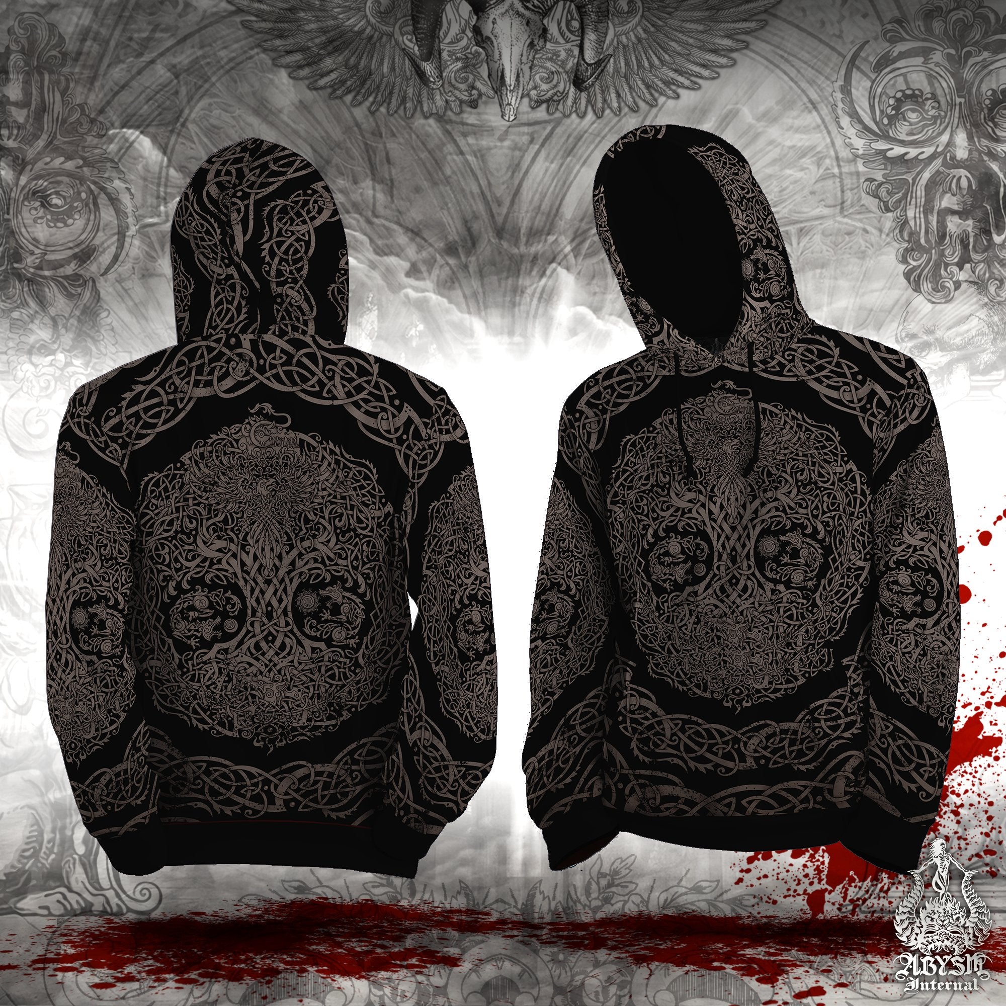 Yggdrasil Hoodie, Black and Grey Knotwork Pullover, Viking Streetwear, Pagan Outfit, Norse Art Sweater, Alternative Clothing, Unisex - Nordic Tree of Life, Grit - Abysm Internal