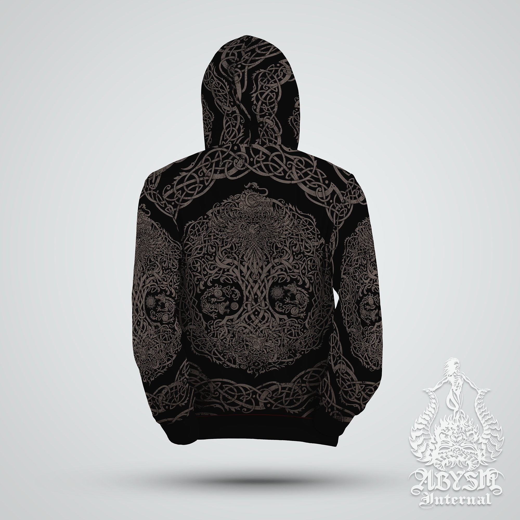 Yggdrasil Hoodie, Black and Grey Knotwork Pullover, Viking Streetwear, Pagan Outfit, Norse Art Sweater, Alternative Clothing, Unisex - Nordic Tree of Life, Grit - Abysm Internal