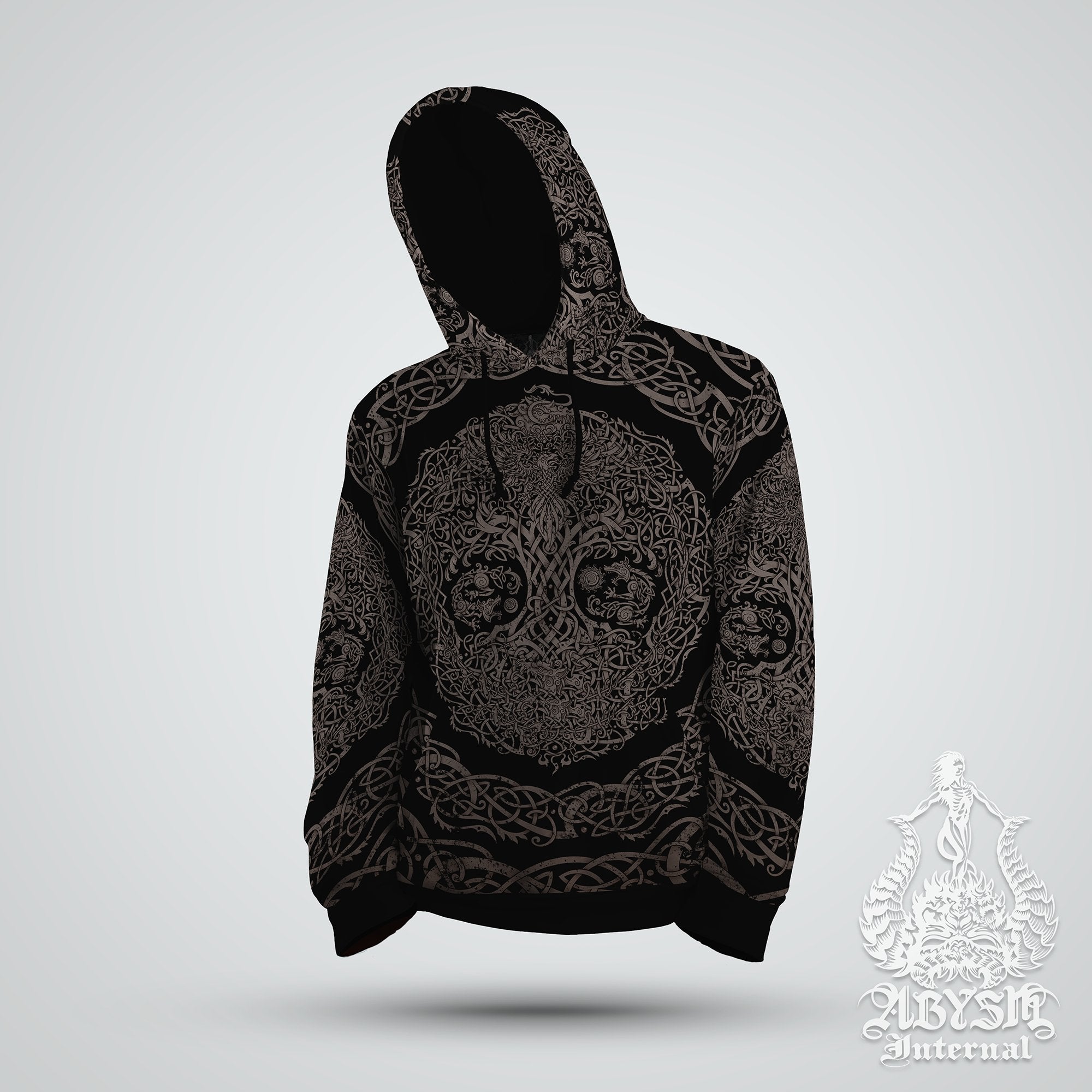 Yggdrasil Hoodie, Black and Grey Knotwork Pullover, Viking Streetwear, Pagan Outfit, Norse Art Sweater, Alternative Clothing, Unisex - Nordic Tree of Life, Grit - Abysm Internal