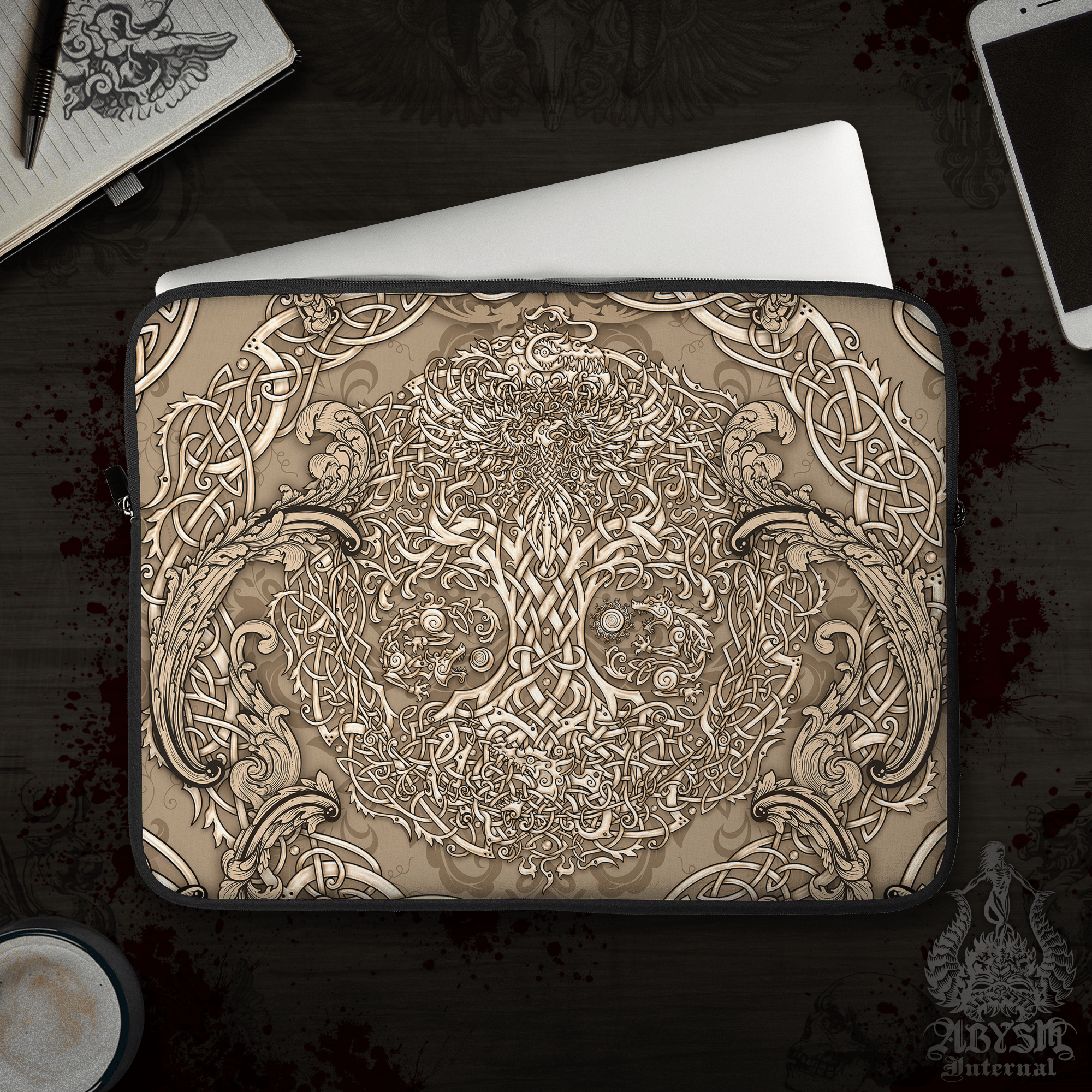 Yggdrasil Laptop Case – Viking Mythology, Norse Tree of Life, Cream, 13" & 15", Nordic Knotwork Art, Printed Padded Soft Sleeve - Abysm Internal